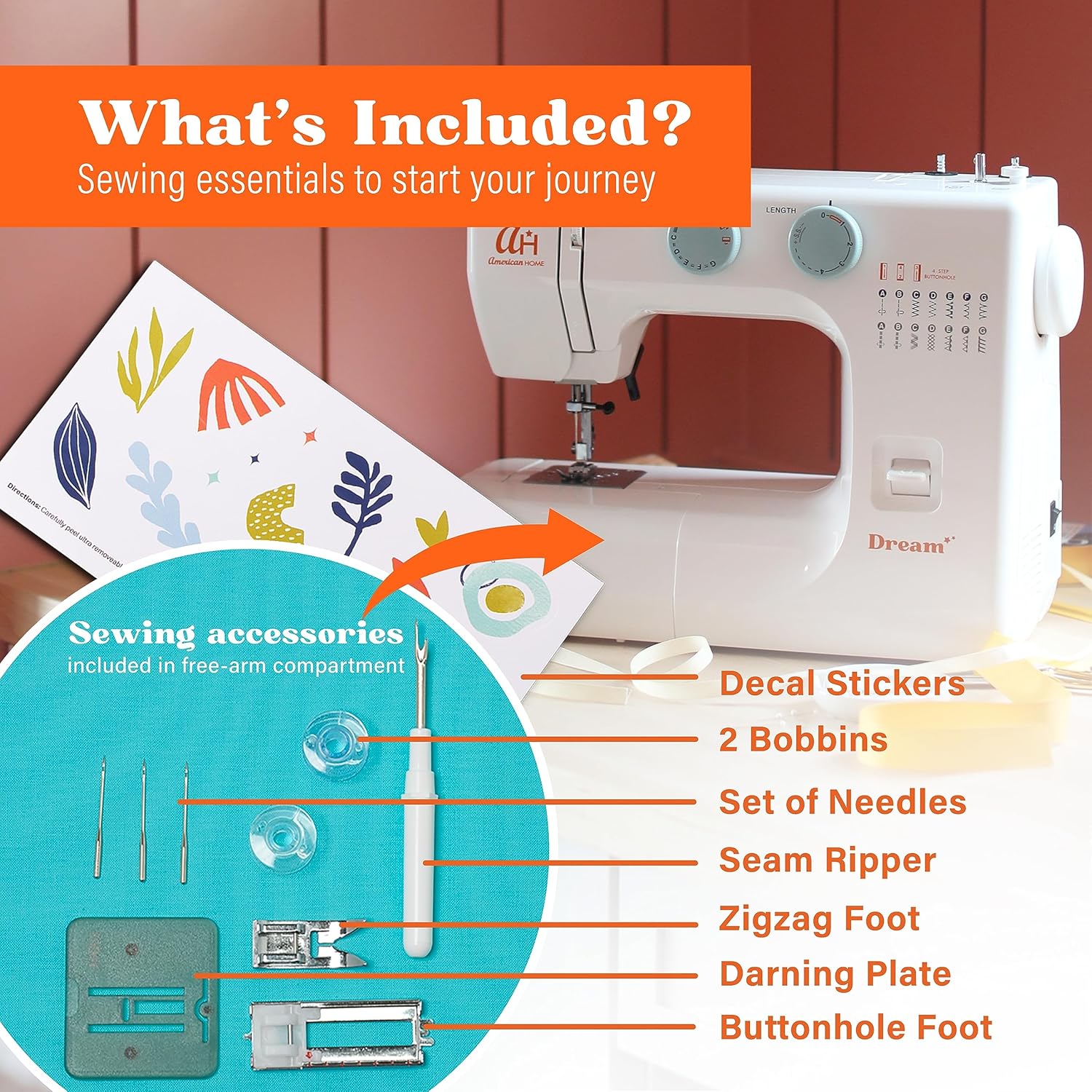 Sewing Machine for Beginners, The Dream by American Home, 15 Built-in Stitches, Great for Refashioning Clothes, AH700