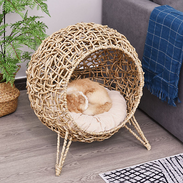 Panier chat lit chat cosy grand confort dia. 52 x 58H cm coussin moelleux inclus résine tressée imitation rotin beige