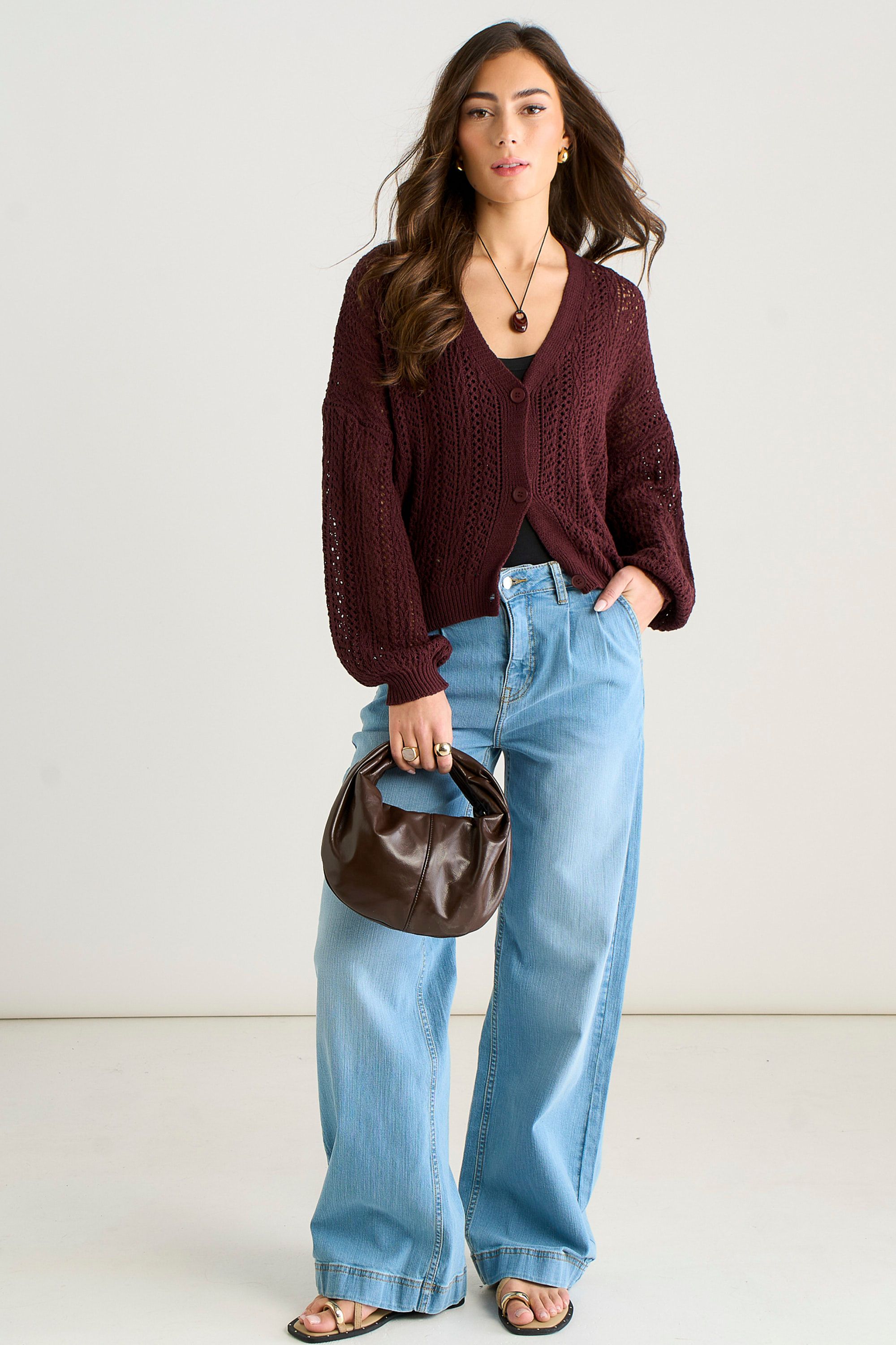 Gini London Chocolate Crochet Knit Long Sleeves Cardigan