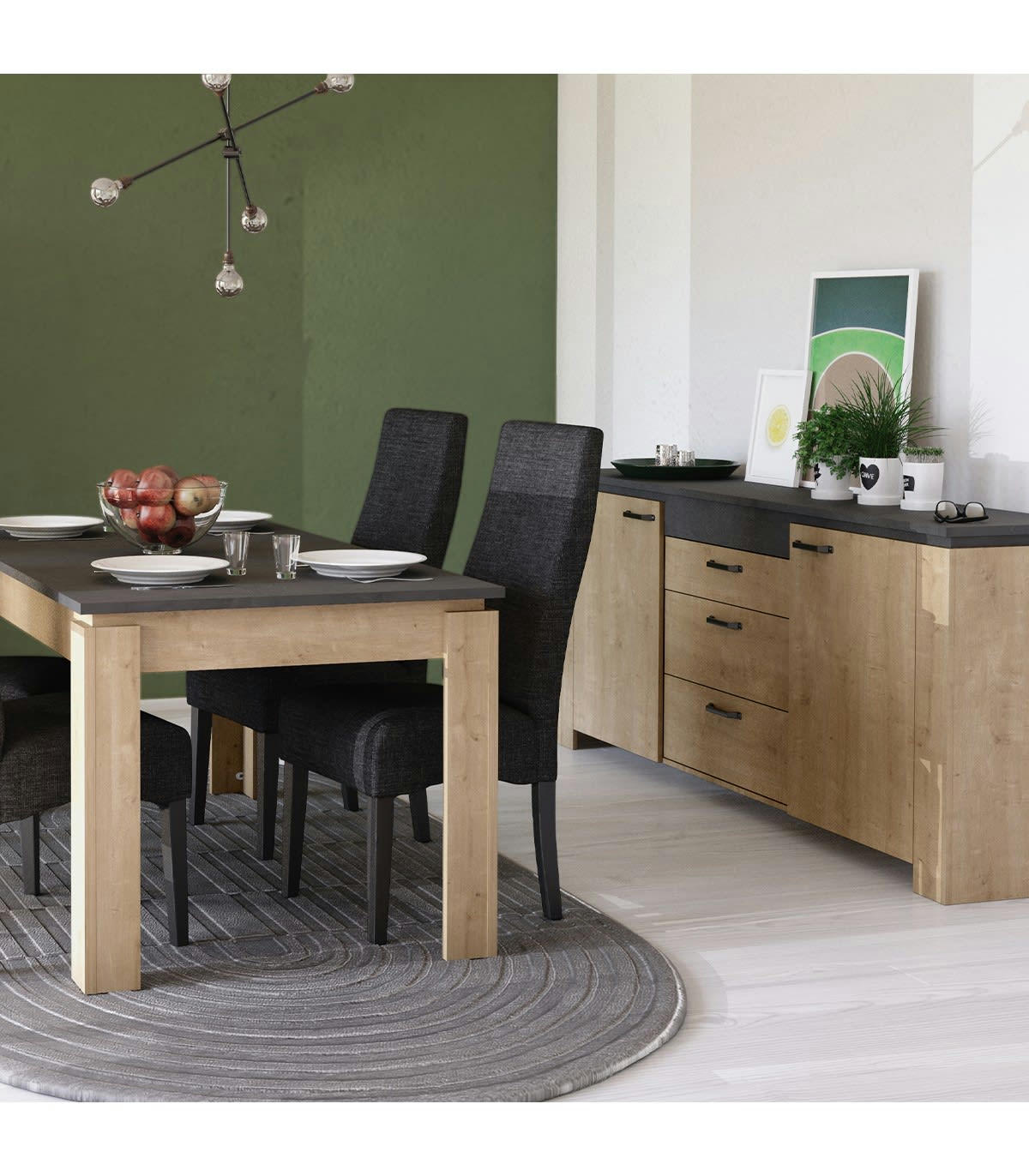 AUSTIN - Buffet 2 portes 3 tiroirs décor chêne et gris anthracite - L203,80 cm