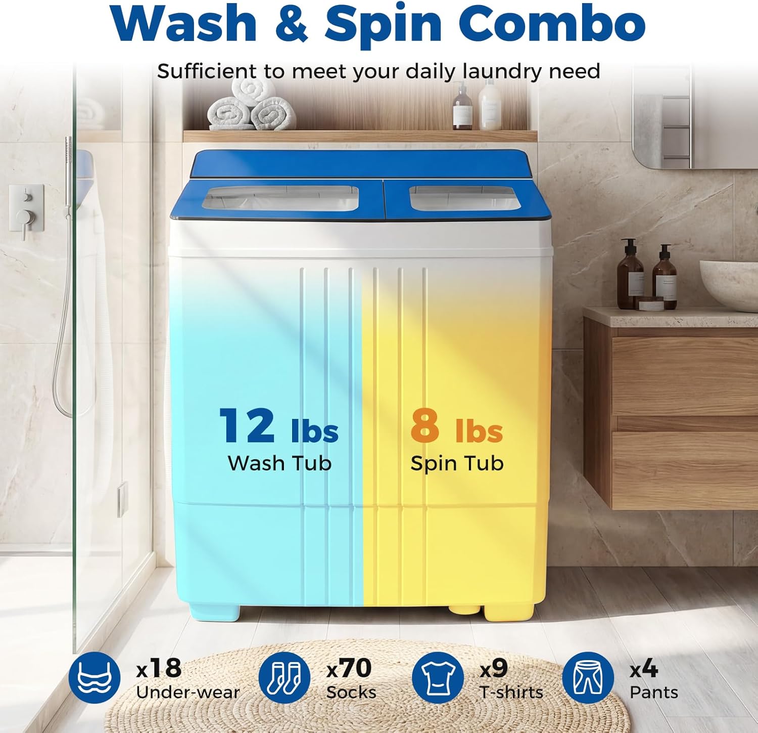 Giantex Portable Washing Machine, 20LBS Twin Tub Mini Compact Laundry Washer Spinner Combo with Drain Pump, 12Lbs Washer and 8Lbs Spinner for Apartments, RVs, Dorms, Blue+White