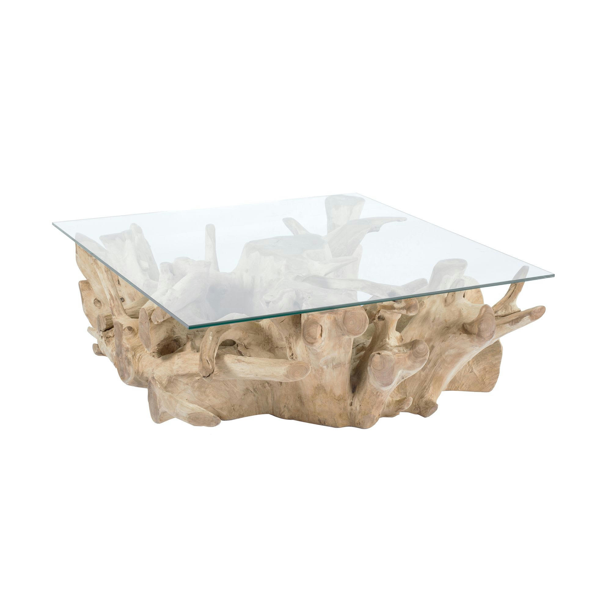 - Table basse en teck avec plateau en verre