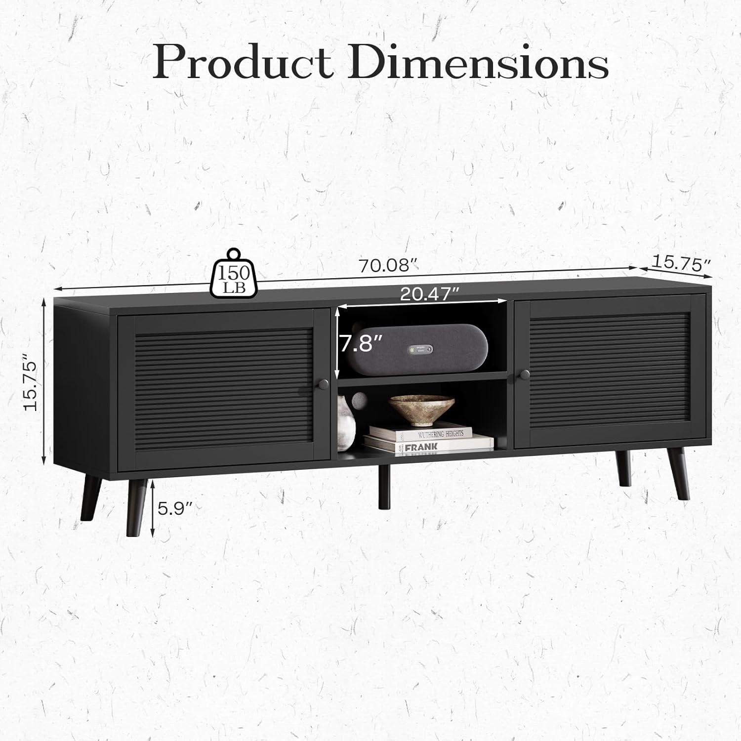 TV Stand for 70 inch TV, Black Fluted Entertainment Center for TV up to 80, TV Stand for Living Room with Large Open Storage