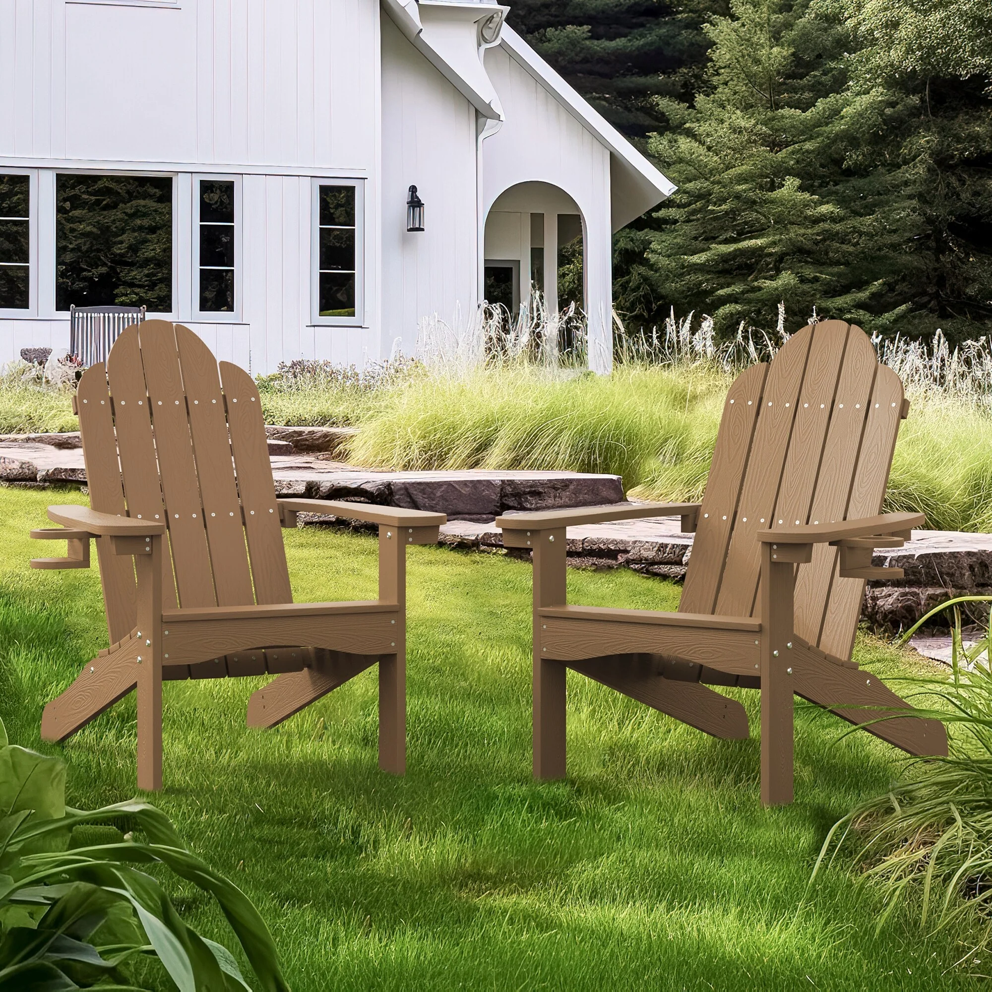 LUE BONA Outdoor Patio Recycled Plastic All-Weather Set of 2 Adirondack Chairs with Cup Holder