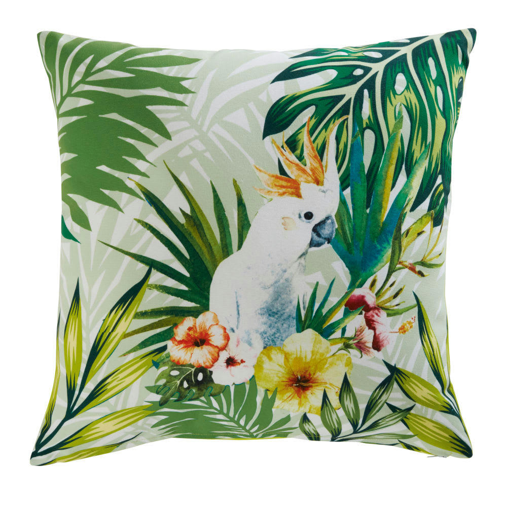 CACATOES - Coussin vert, blanc et jaune imprimé tropical 45x45