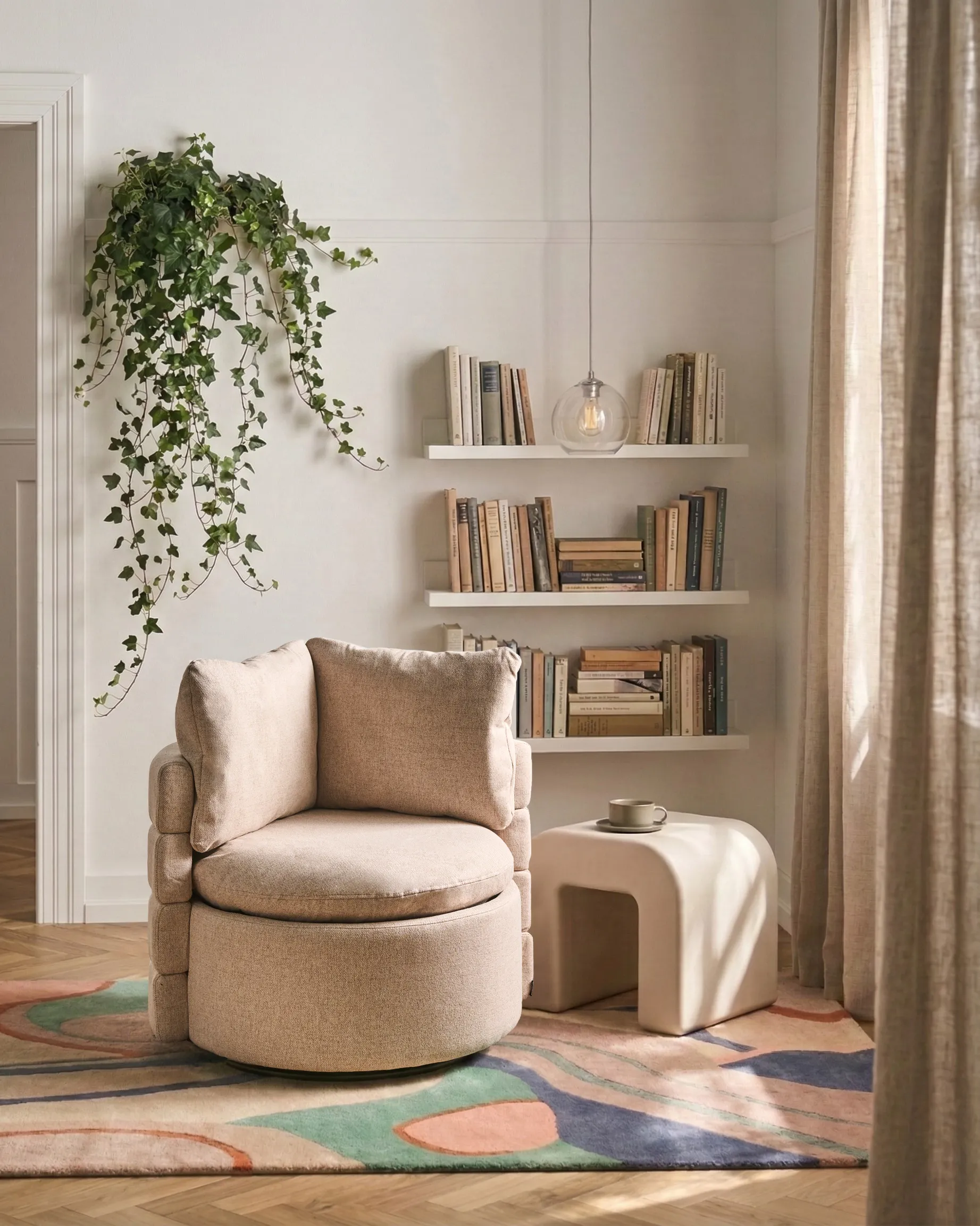 Swivel Armchair RANDERS with Storage Fabric Beige
