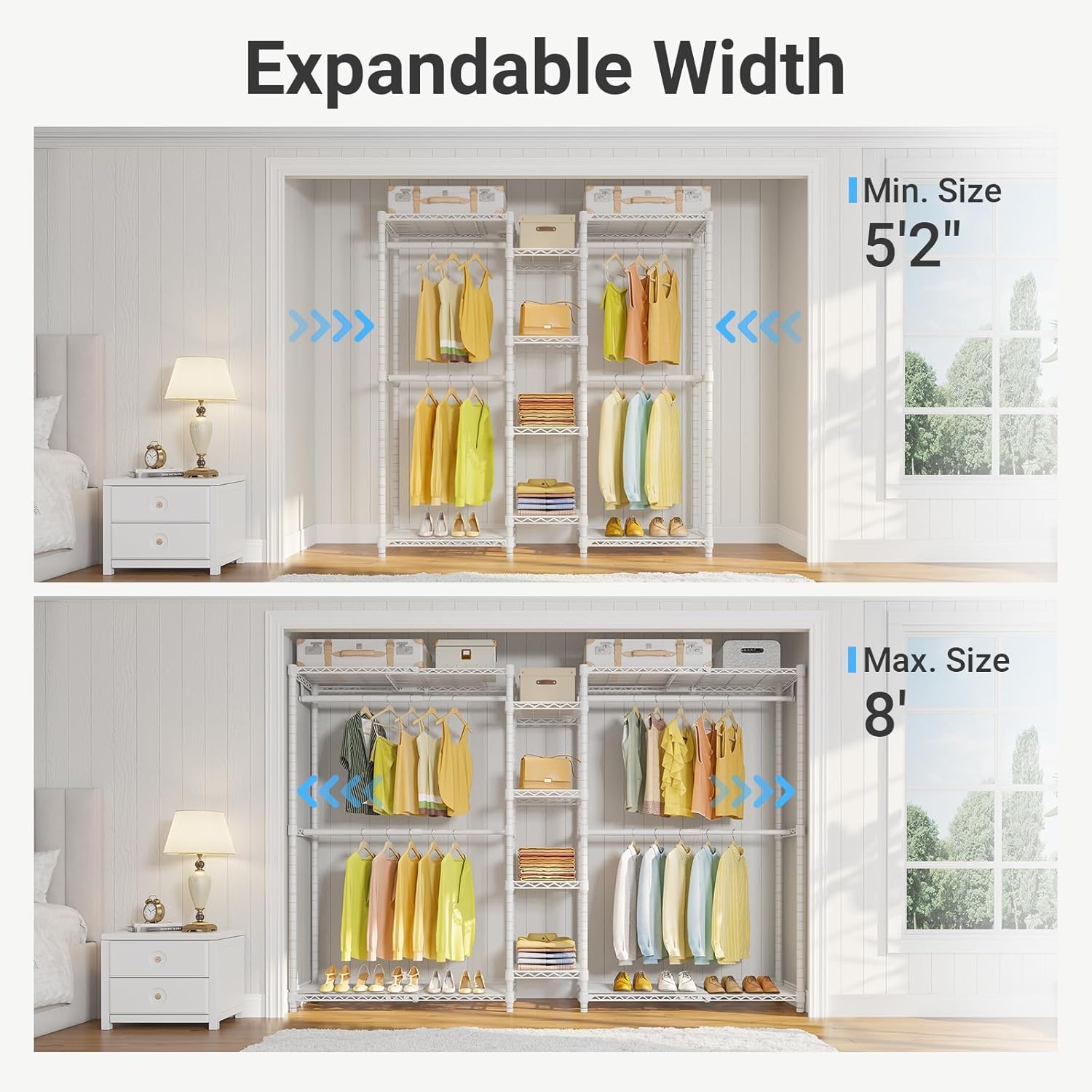 VIPEK X3 Expandable Heavy Duty Clothes Rack Adjustable from 5'2 to 8' with Flexible Shelves and Hanger Rods, Large Freestanding Clothing Racks for Hanging Clothes, Max Load 1210LBS, White