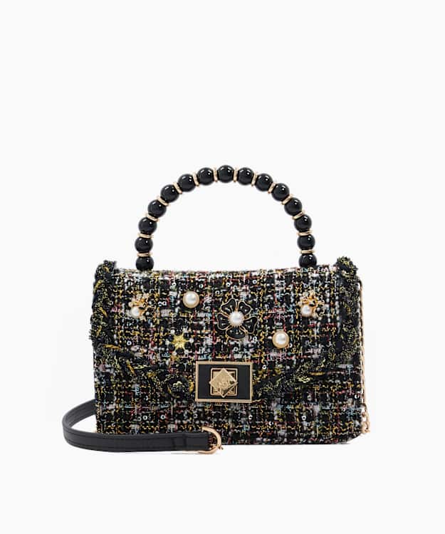 Blooms Black - Beaded Handle Embellished Cross Body Bag