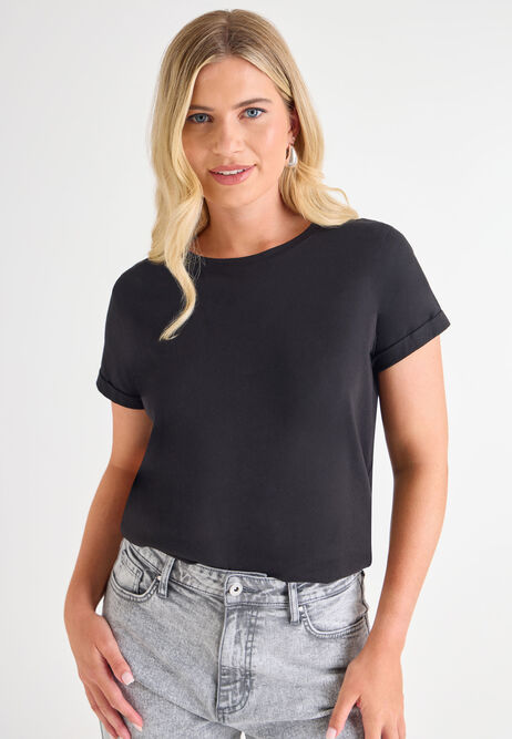 Womens Black Cotton Roll Sleeve T-Shirt