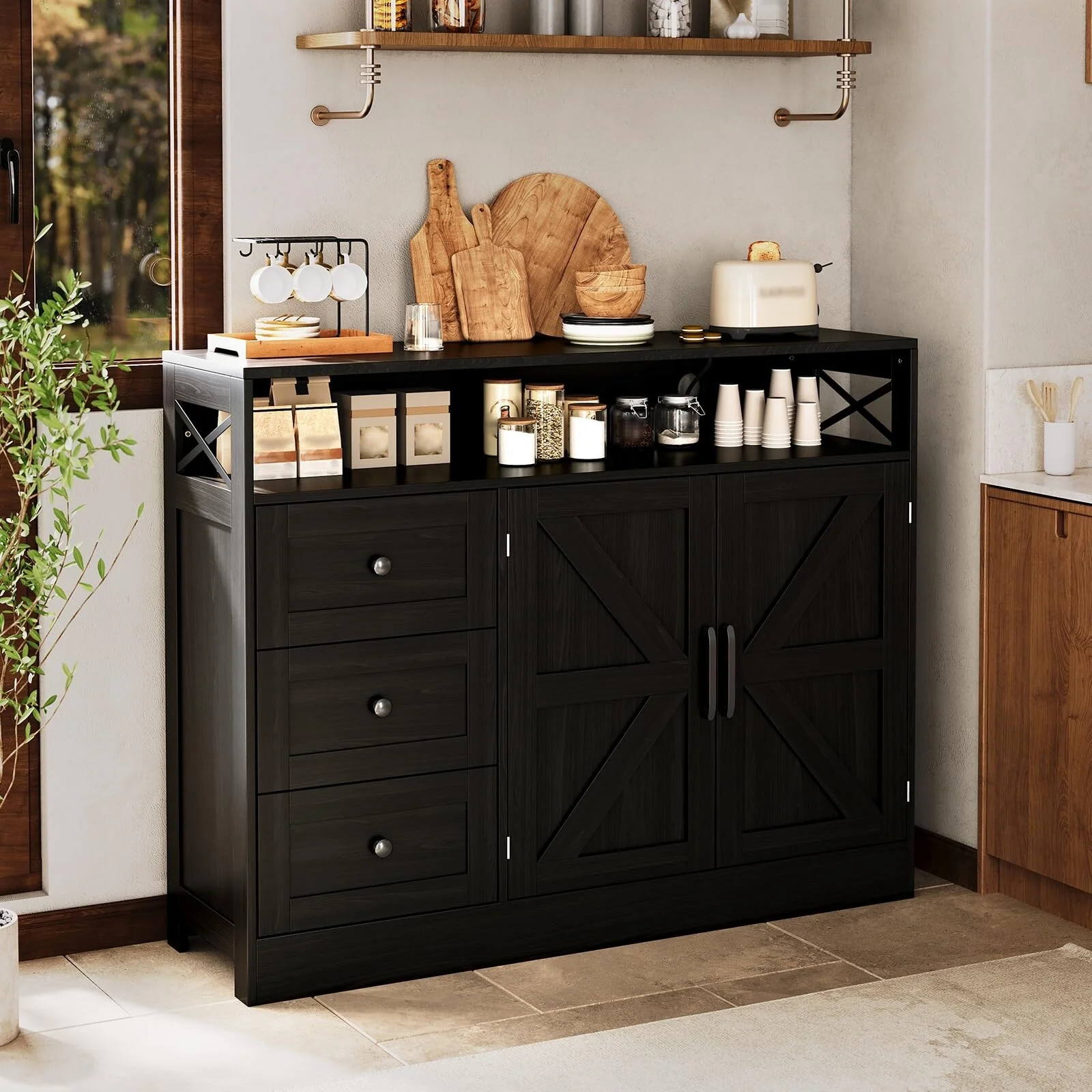 47inch Farmhouse Buffet Sideboard Cabinet, Wood Cupboard Storage Pantry Cabinet with Drawers, Coffee Bar Station Table