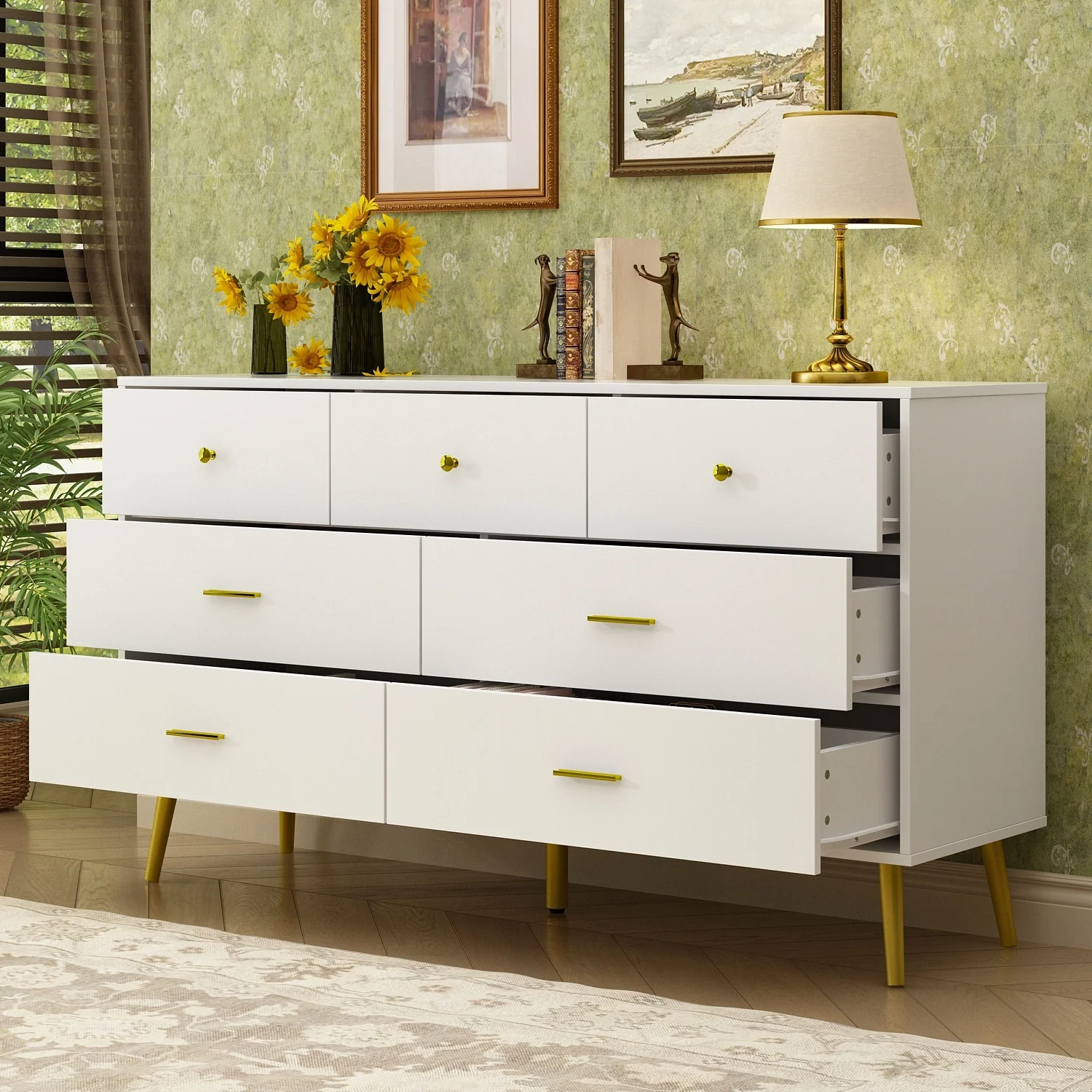 Timechee 55.9'' W White Dresser Chest In White and Gold 7 Drawer Storage