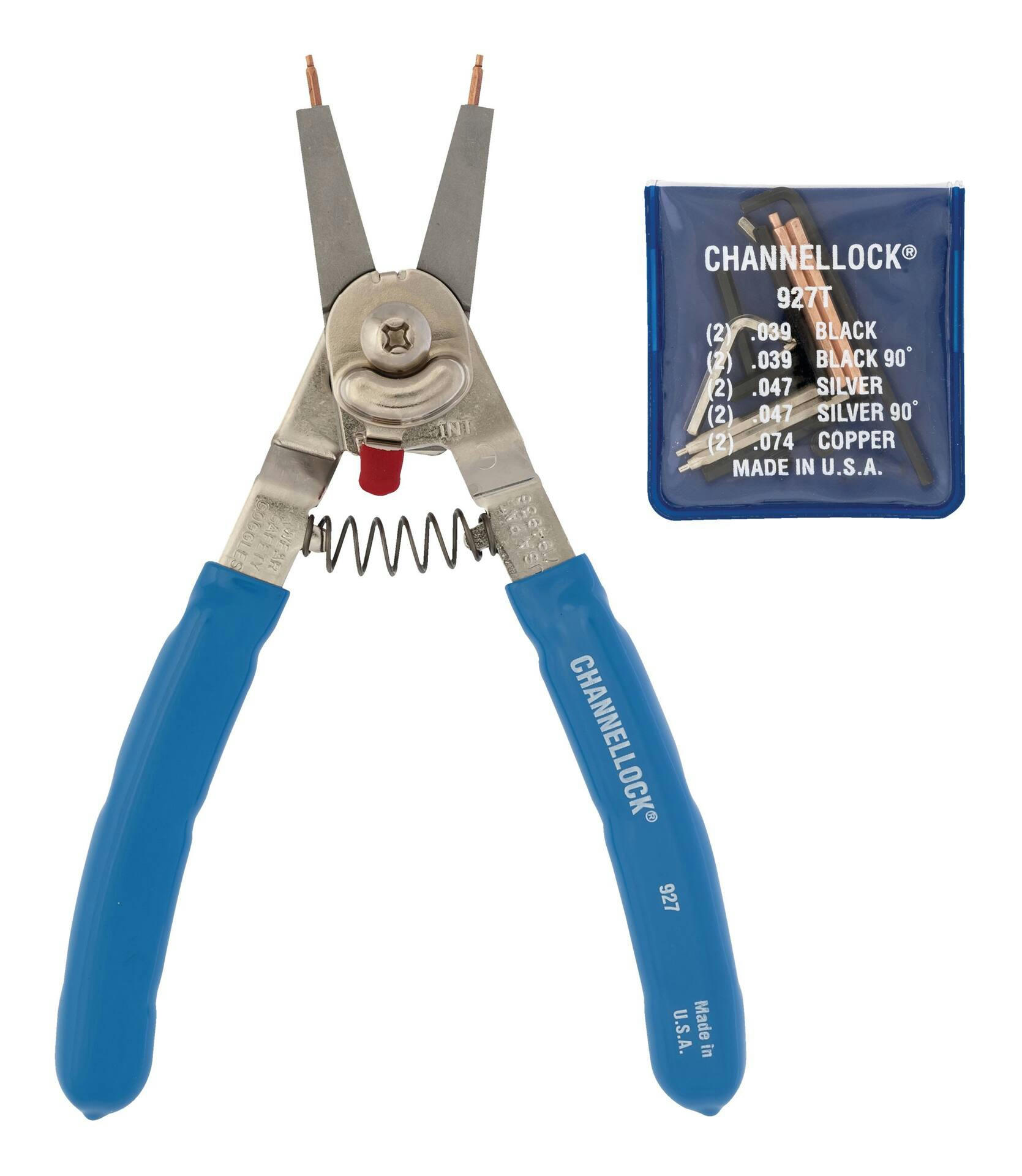 Channellock® 927 Convertible Retaining/Snap Ring Pliers, 5 Colour Coded Interchangeable Tips, 8-in