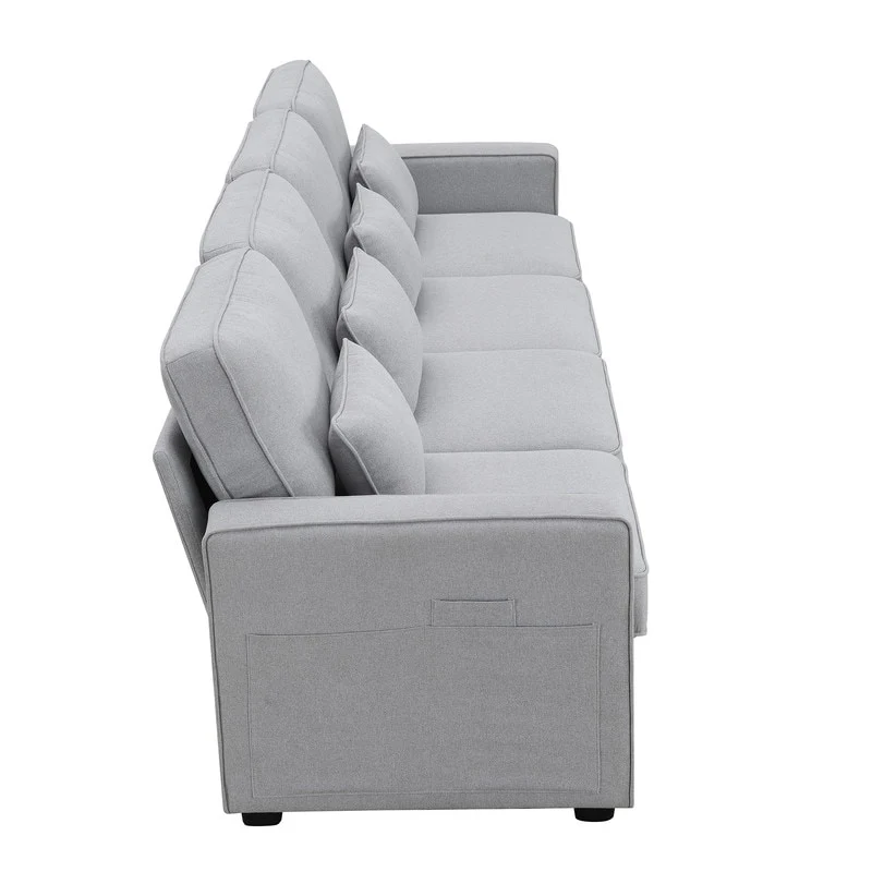 104Upholstered Sofa Couch with Armrest Pockets and 4 Pillows, 4-Seater Modern Linen Fabric Sofa Minimalist Style Couches