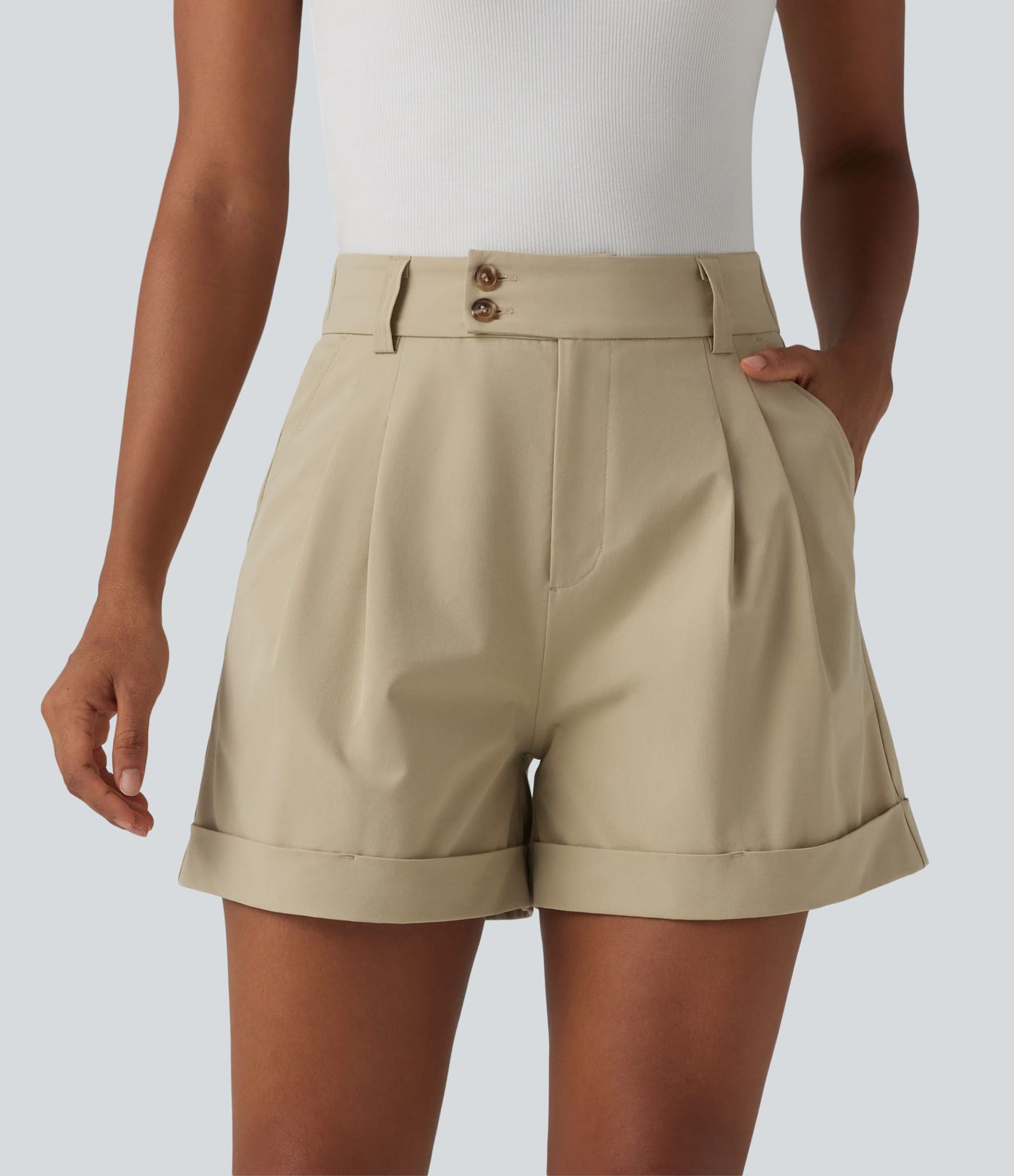 Short tailleur large en popeline stretch plissé taille haute avec ourlet roulotté et poches