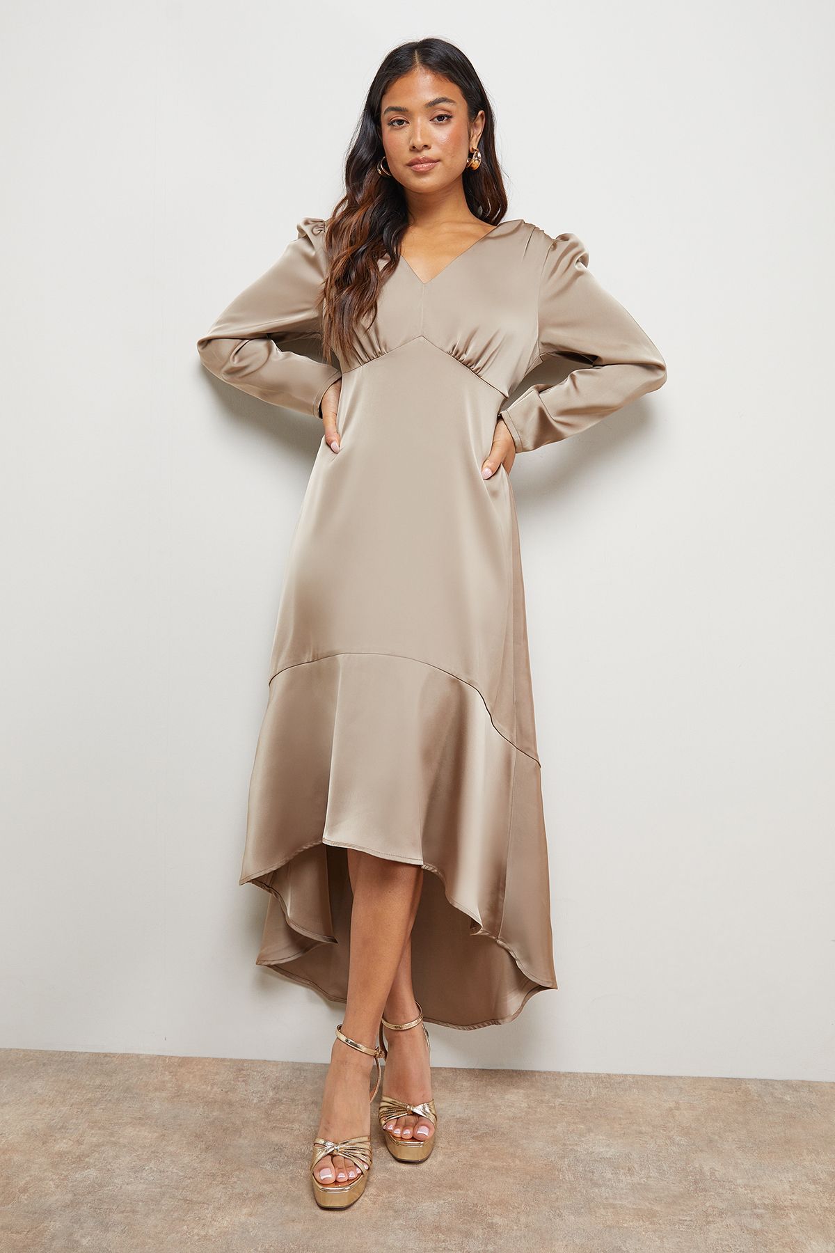 Oasis Petite Satin Puff Sleeve V Neck High Low Hem Midi Dress