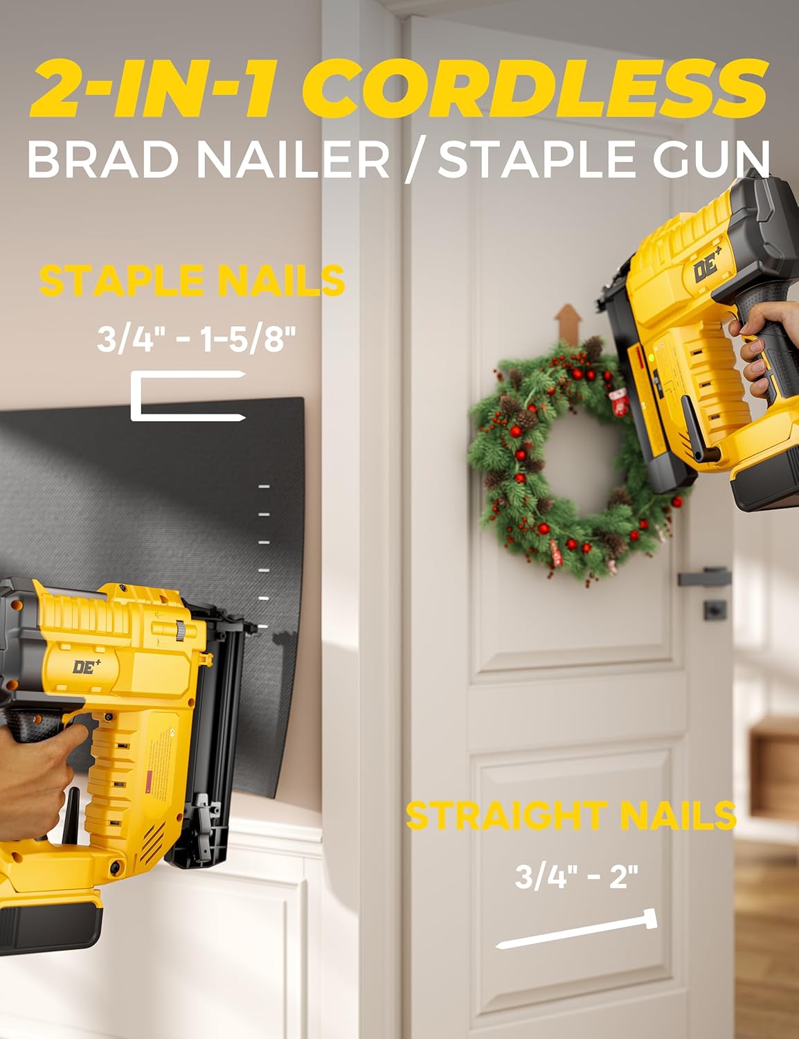 DeForce 18GA Cordless Brad Nailer, 2 Nail Gun for Dewalt 20V Max Battery, 2 IN 1 Electric Stapler, 2026 Upgraded Tool-Free Jam Release, 2 Modes, Adjustable Depth, 1000pcs Nails(No Battery), Yellow