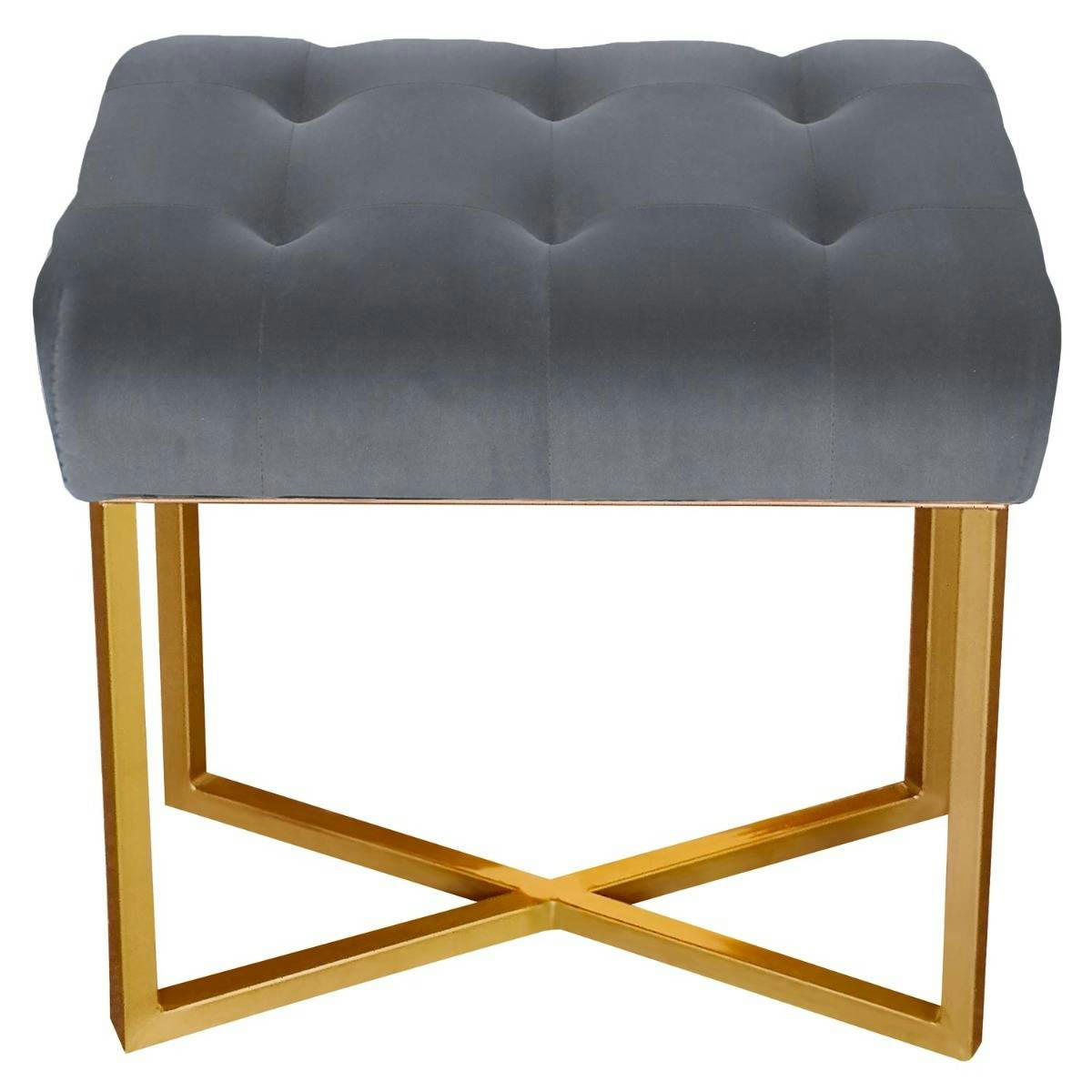 FAUVE - Tabouret pouf rectangle velours argent pied or