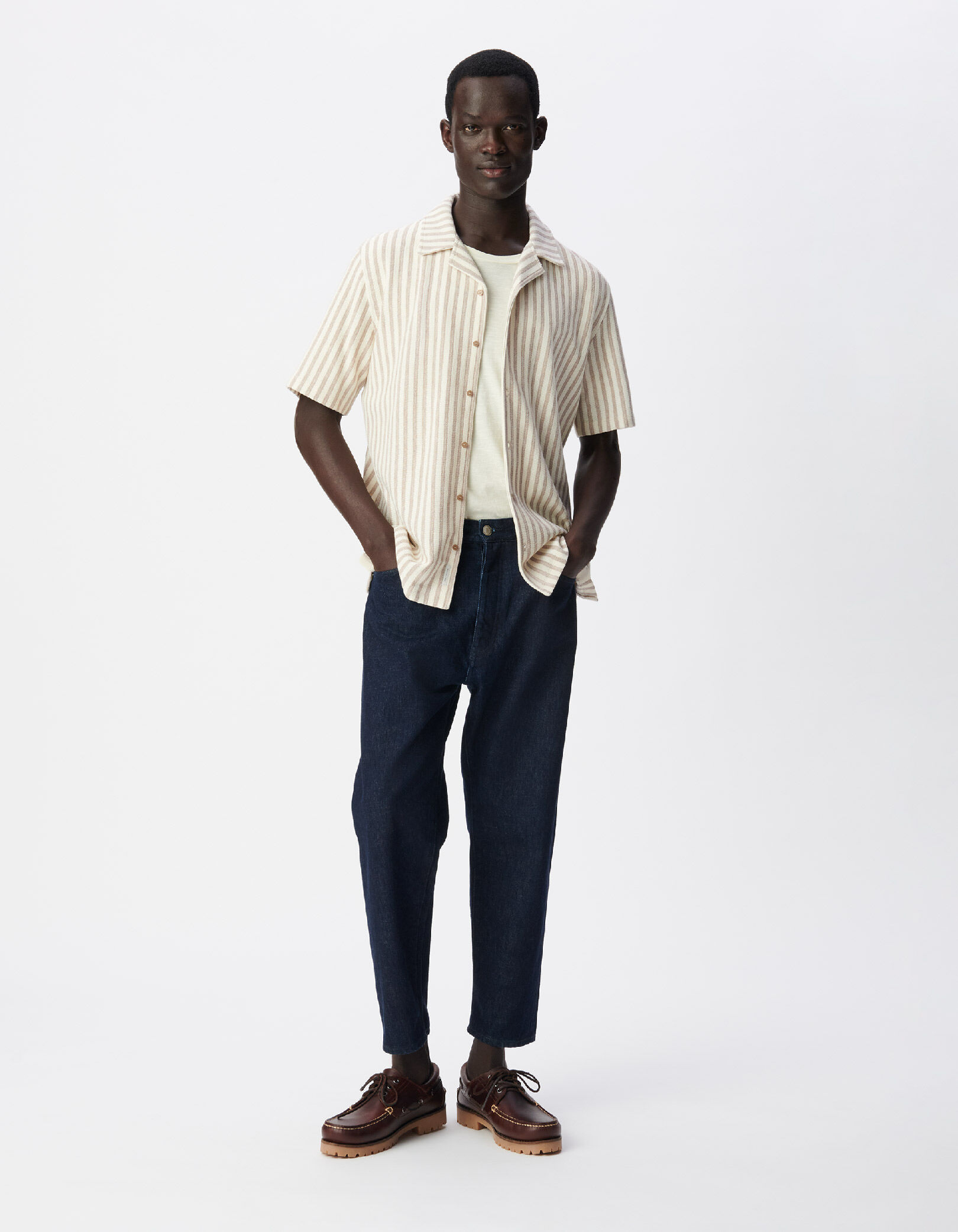 Chemise manches courtes beige maille rayures Homme