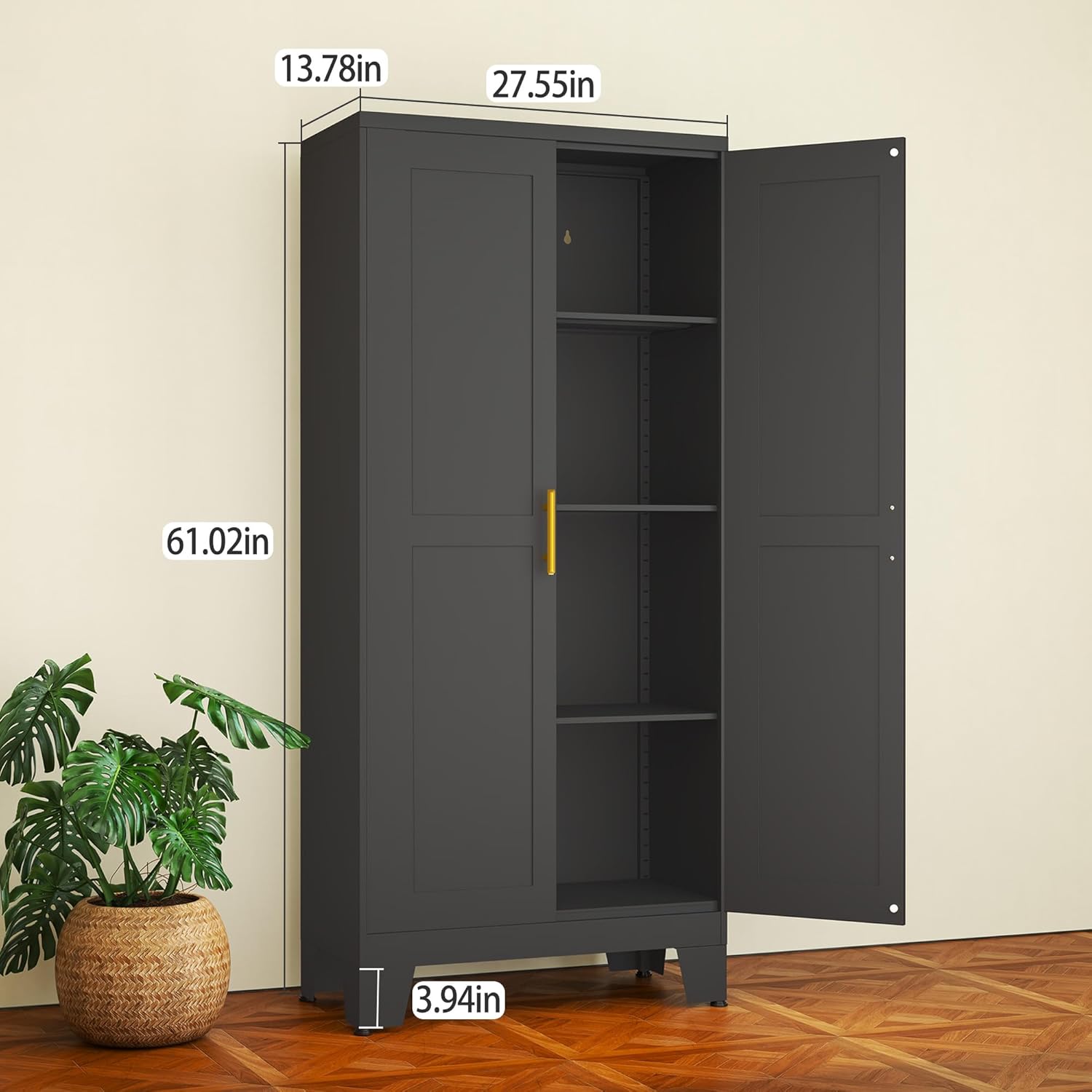 Black Metal Storage Cabinet, 61 Steel Cabinets for Home Office, Kitchen Pantry Storage Cabinet with Doors and 3 Adjustable Shelves, Metal Tool Cabinet, for Office, Home, Garage, School