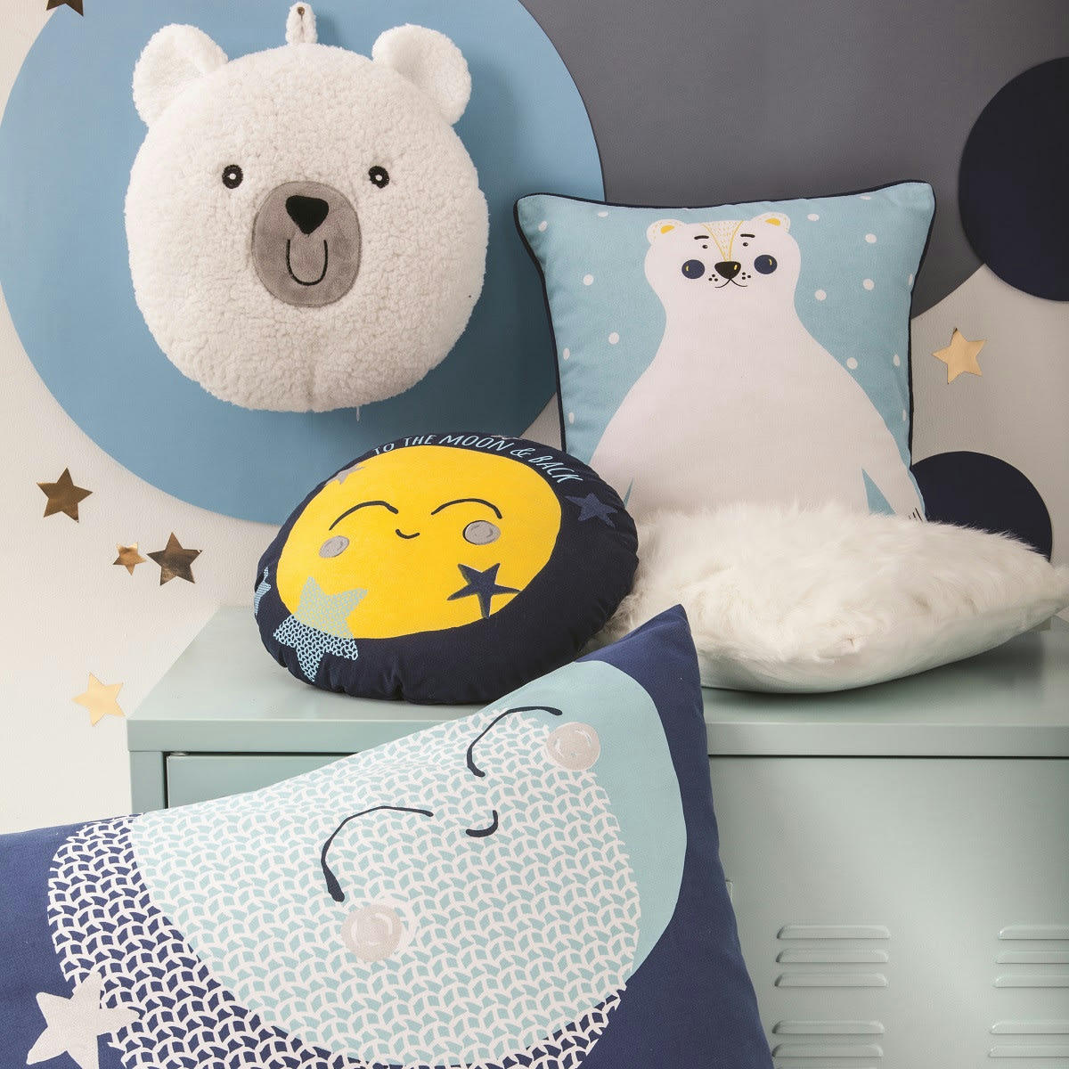 KIDS - Coussin coton bleu et jaune avec lune 35cm