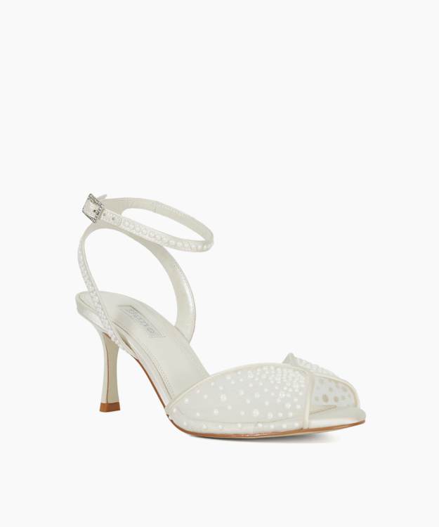Musing Ivory - Embellished Mesh Ankle Strap Heels