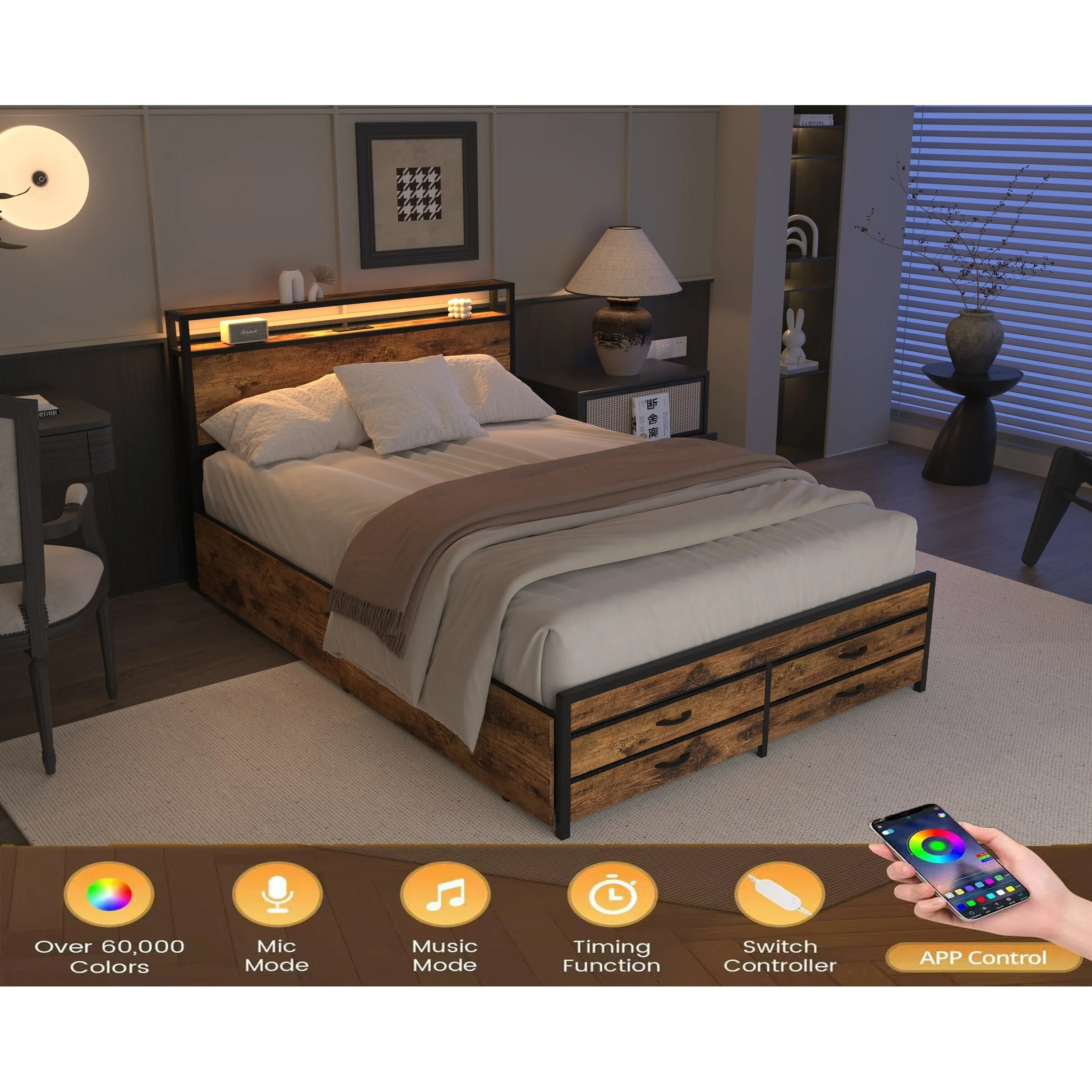 Full Size Metal Platform Bed with 8 Storage Drawers and LED Headboard Featuring Charging Station with USB
