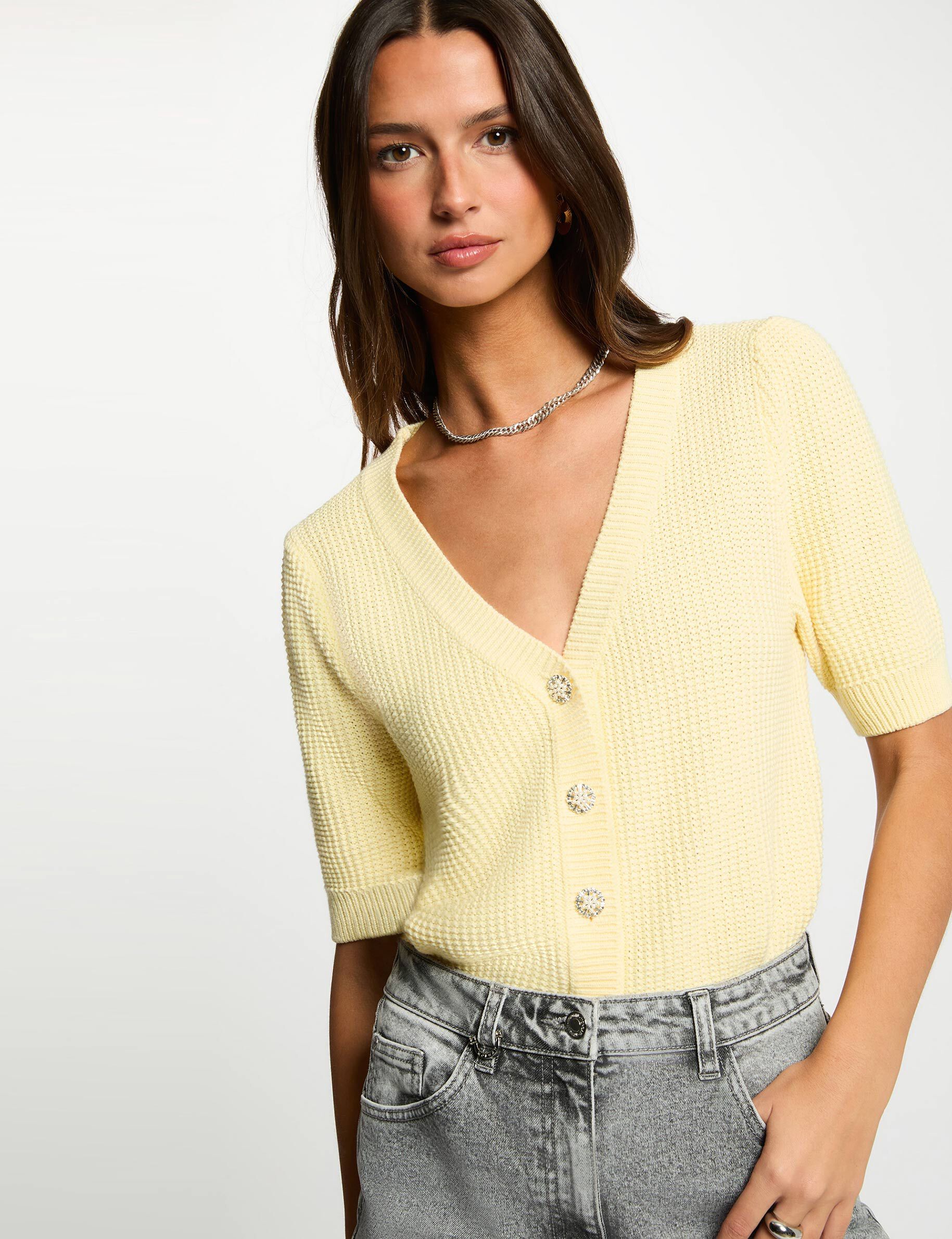 Fitted V-Neck Cardigan Pastel Yellow Women