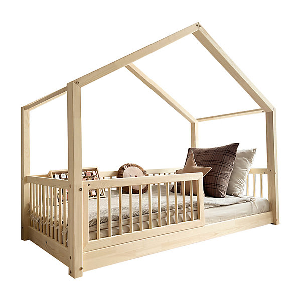 Lit cabane 90x190 barrière et sommier inclus pieds 1 cm Rosalie Bois