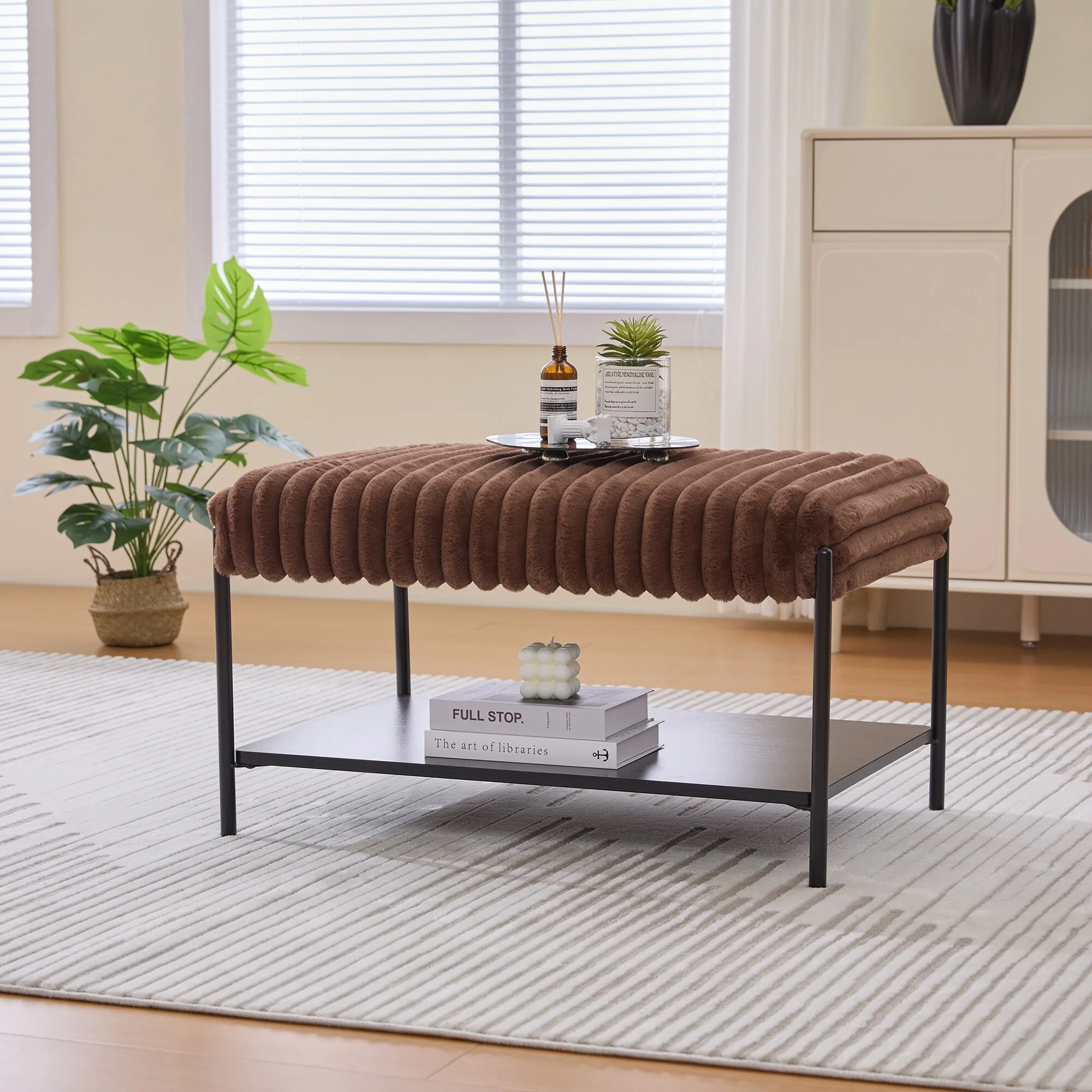 30.7Wide Upholstered Ottoman Coffee Table Foot Rest with Black Metal Legs,Footstool with Wooden Open Storage Shelf