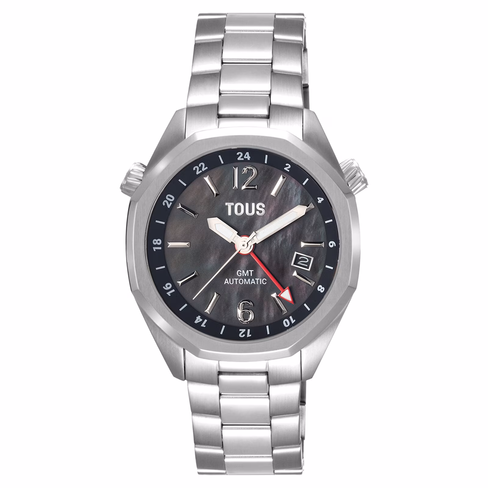 Reloj gmt automático con esfera de nácar gris y brazalete de eslabones de acero Tous Now
