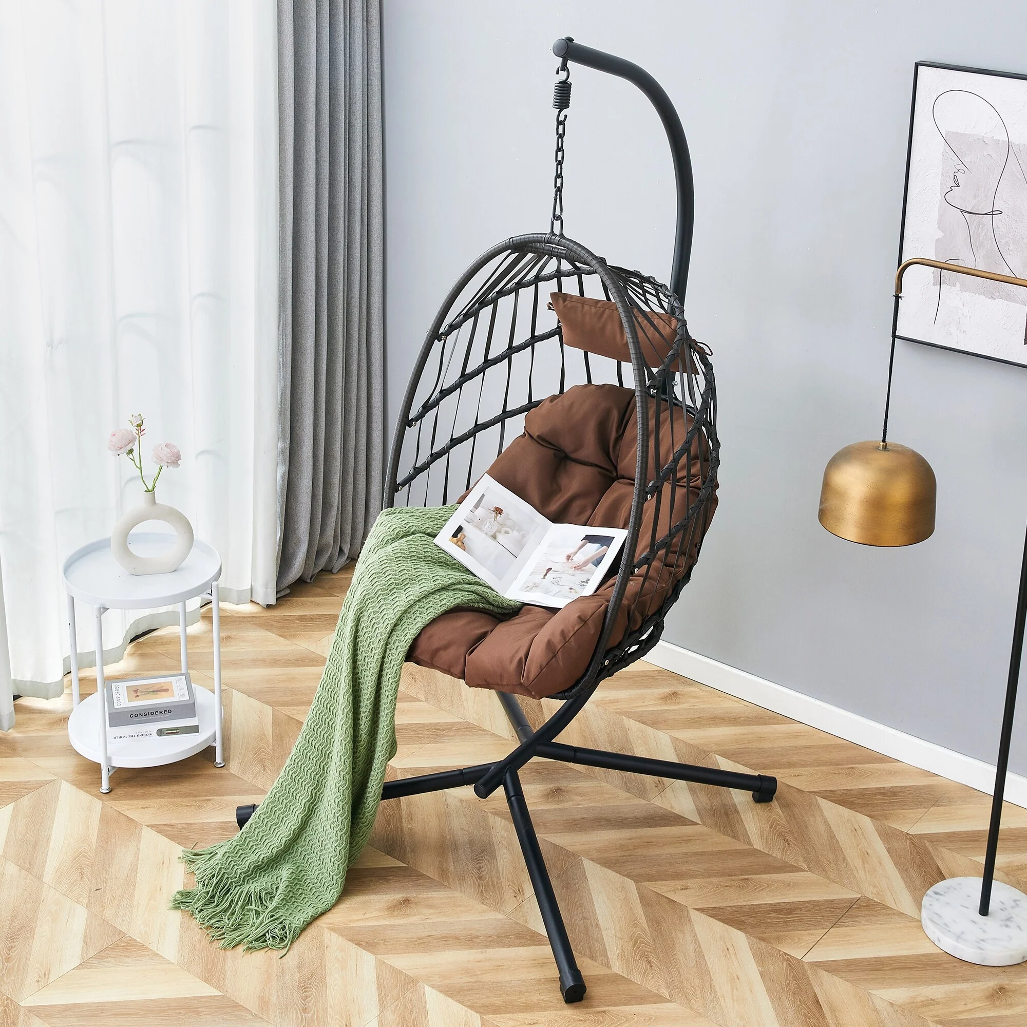 Sturdy Iron Swing Chair with Wicker Weaving – Single-Person Hanging Seat for Indoor & Outdoor Use‌.
