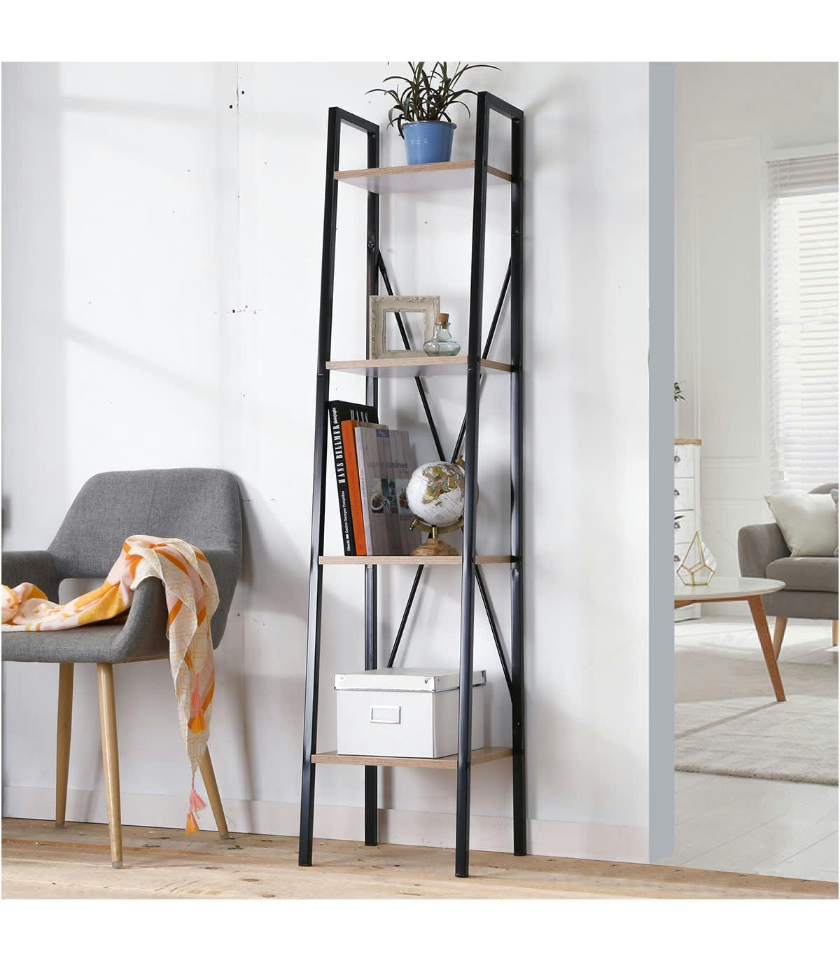 - Étagère colonne 4 niveaux H148 cm - Décor chêne et noir
