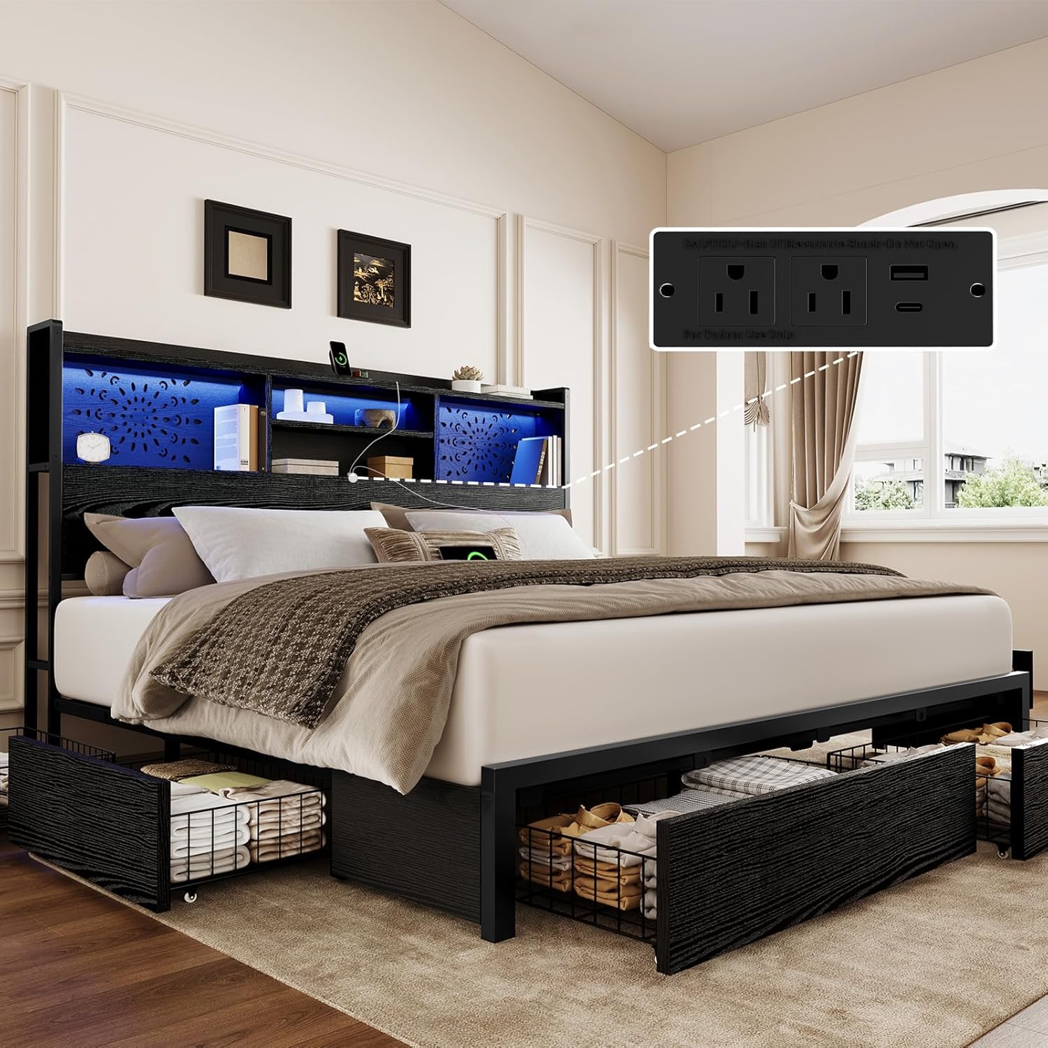 Belffin Queen Size Bed Frame with 6 Storage Drawers and Carving Headboard, Wooden Bed Frame with Charging Station and LED Lights, No Noise and Easy Assembly, No Box Spring Needed, Vintage Black