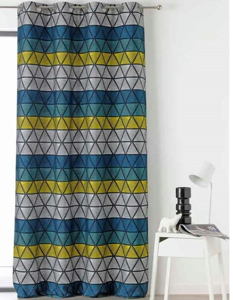 - Rideau vintage polyester motif triangulaire bleu 135x270cm