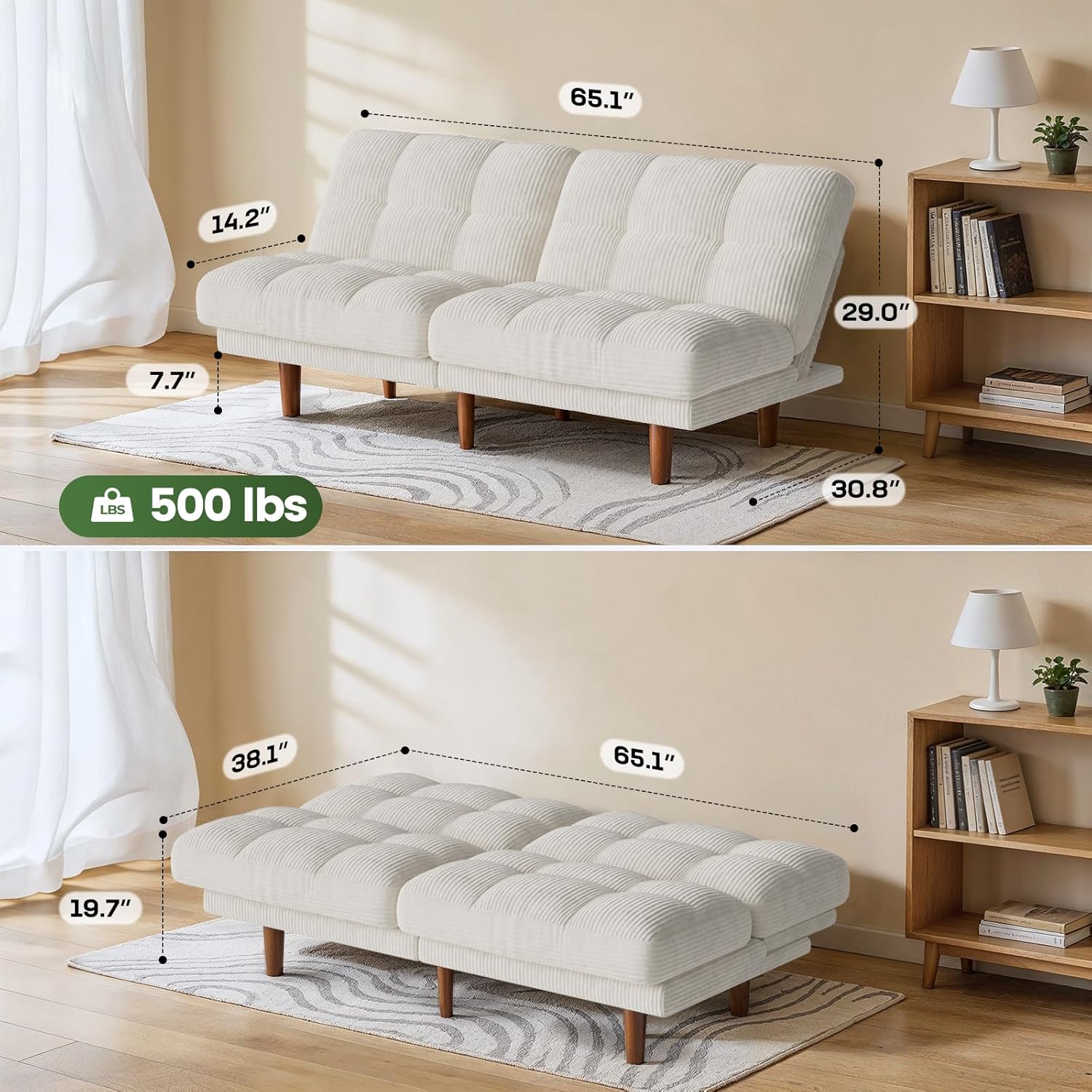 Marsail 65 Futon Sofa Bed, Convertible Small Recliner Sleeper Sofa Bed with Adjustable Backrest, Corduroy Loveseat Futon Couch for Small Apartments, Living Room Office, Guest Room (White)