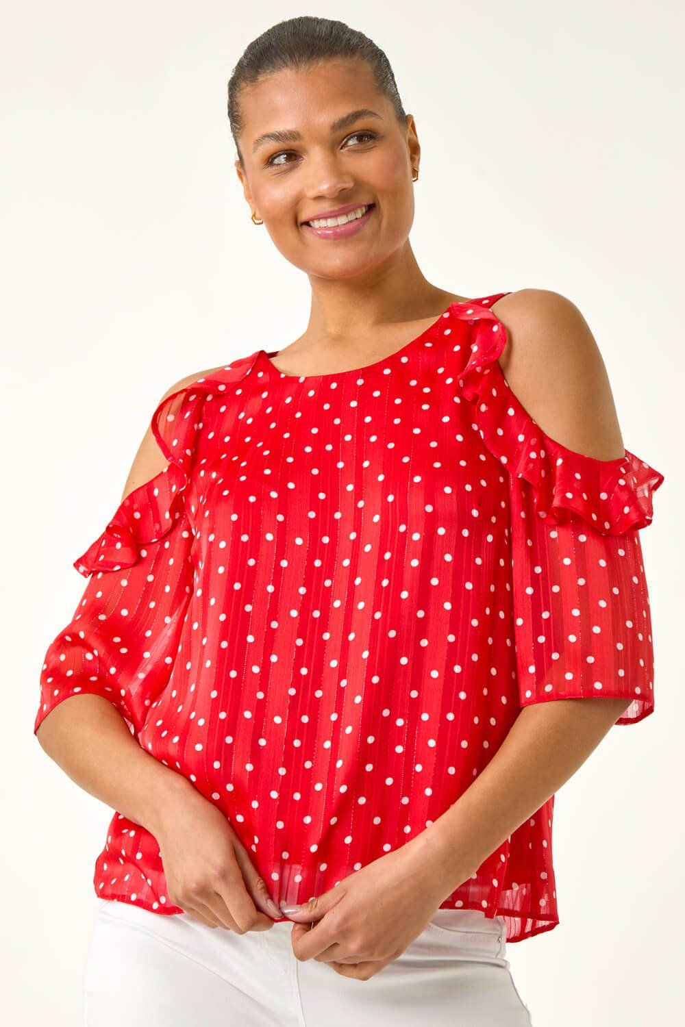 Roman Spot Print Frill Cold Shoulder Top