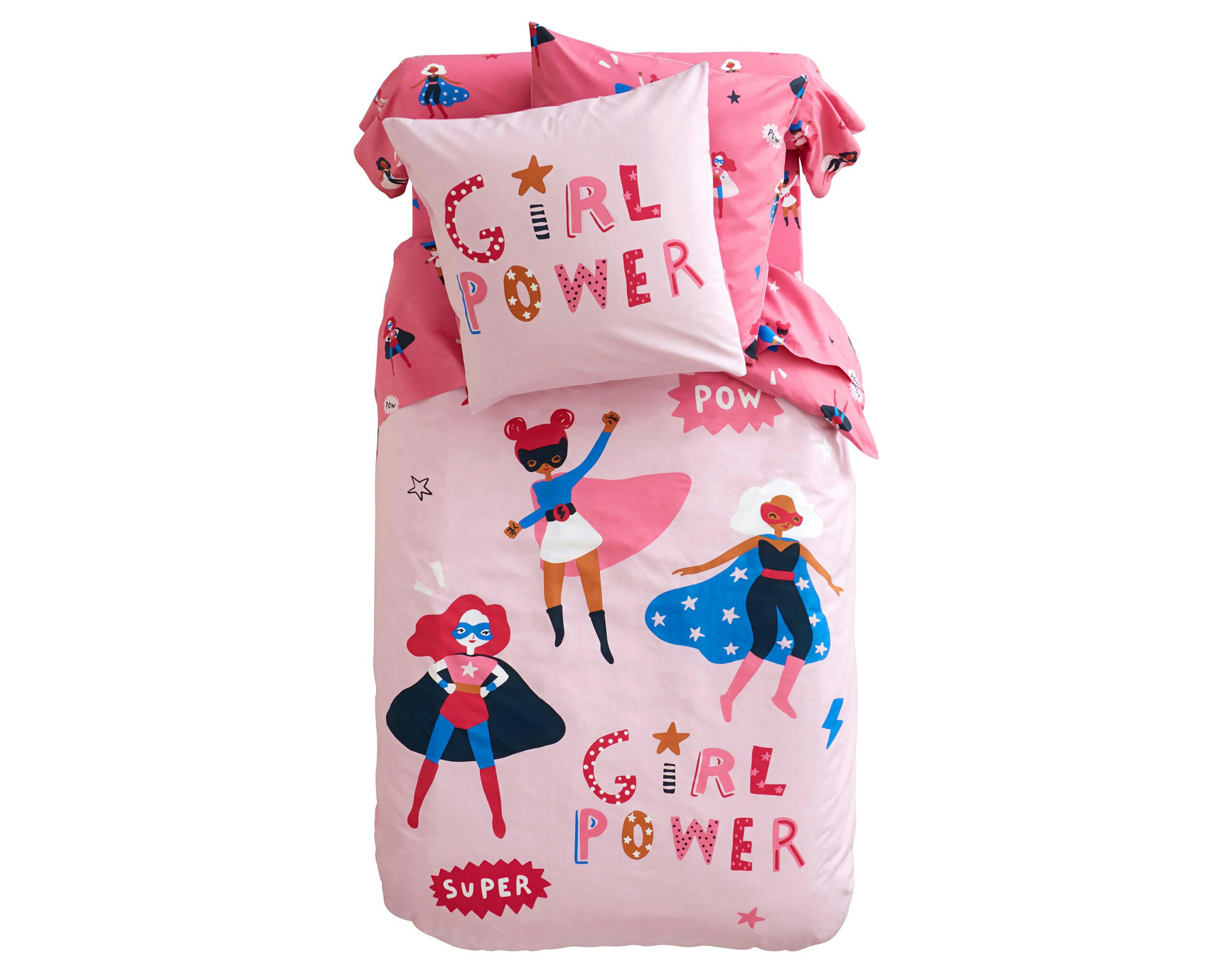 GIRL POWER - Housse de couette enfant réversible 200x200 rose en coton