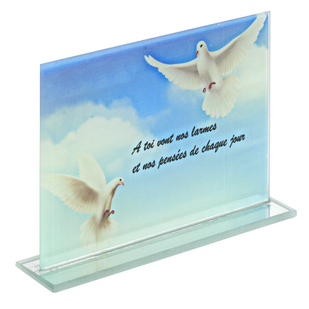 Plaque funéraire rectangulaire en verre décor oiseau et ciel bleu 16x3,5xH10,5cm