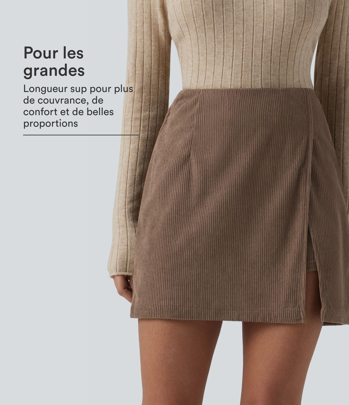 Jupe-short décontractée taille haute en velours côtelé avec zip arrière et fentes - Longueur plus longue