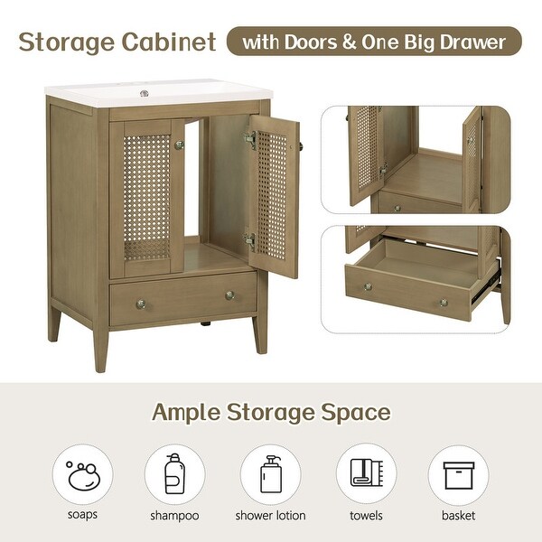 Solid Frame 24" Bathroom Vanity with Ceramic Basin, Rattan Cabinet