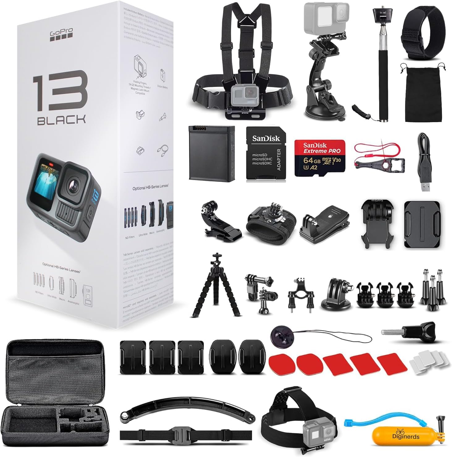 GoPro HERO13 (Hero 13) Black - Waterproof Action Camera with 5.3K HDR Video  27MP Photos  1/1.9 Image Sensor  Live Streaming  Webcam  Stabilization + 64GB Card & 50 Piece Accessory Kit - Bundle
