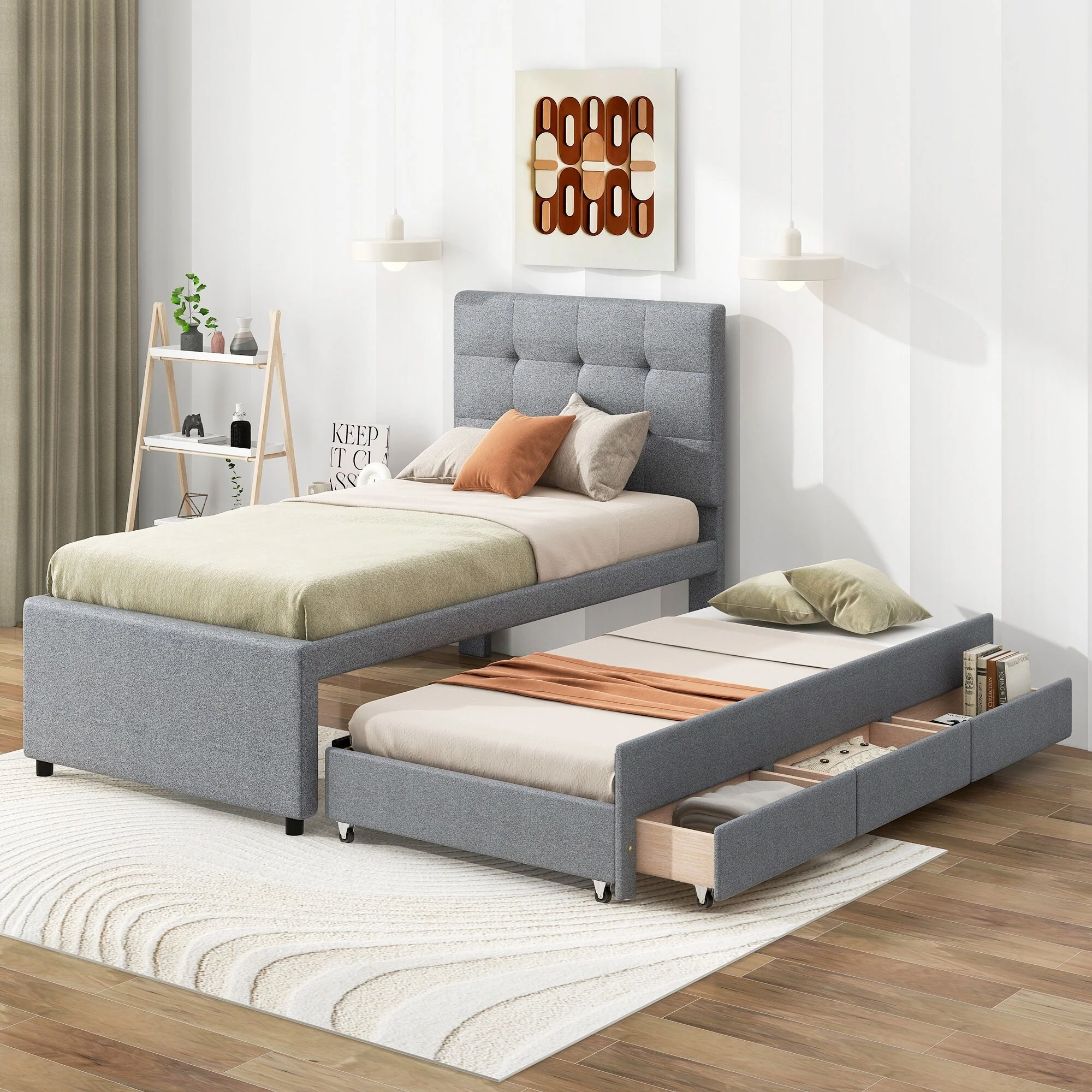 Twin Size Upholstered Platform Bed with Trundle and 3 Storage Drawers, Gray