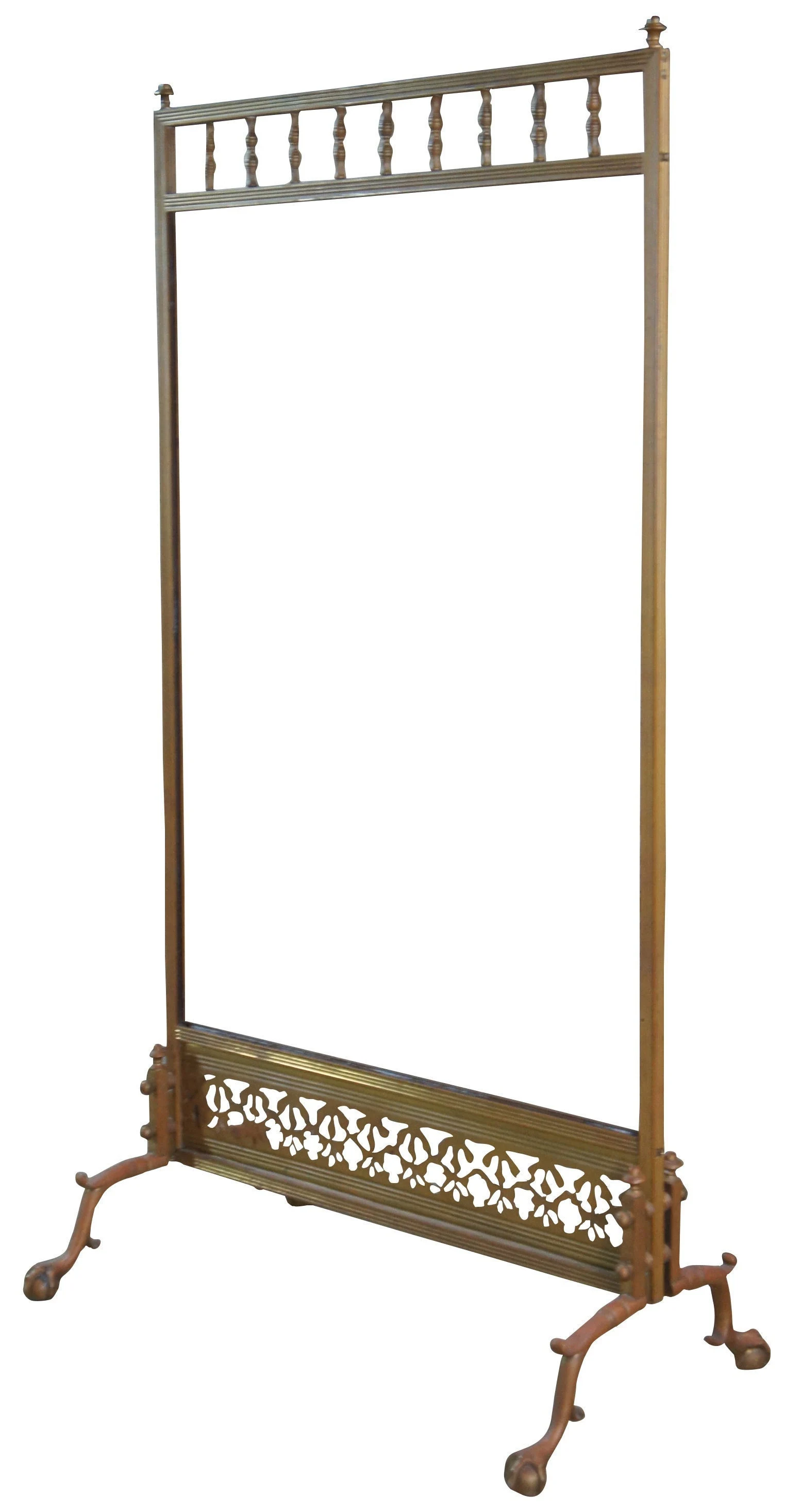 Antique English Brass Tapesty Fireplace Screen Ball & Claw Hearthware Guard 46