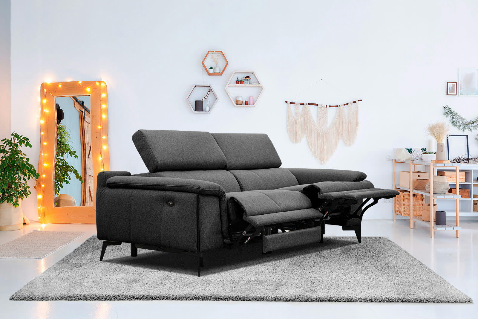MATERA - Canapé droit 3 places avec 2 relax électrique tissu noir