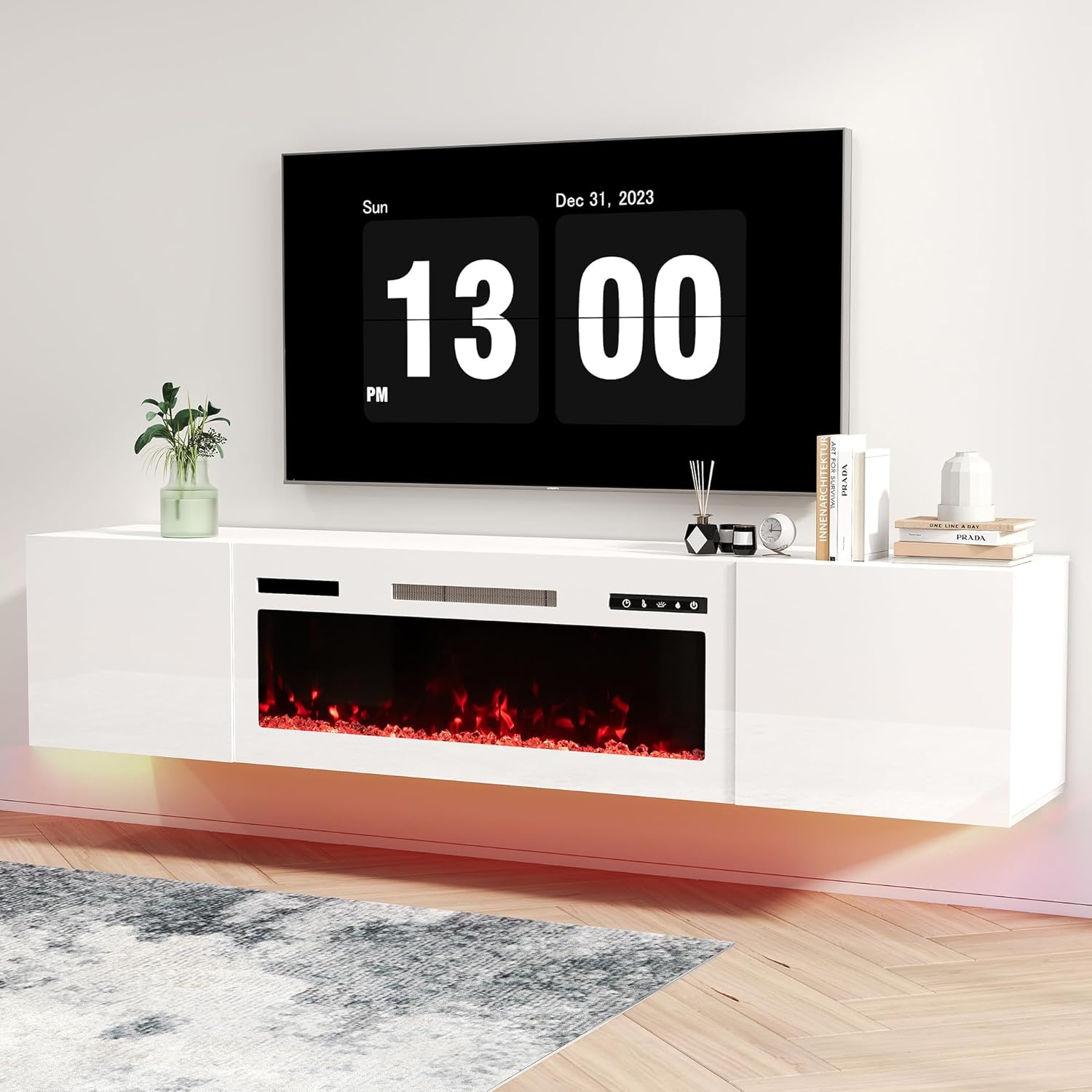 Real Relax 70 Floating TV Stand with 36 Electric Fireplace, Wall Mounted Entertainment Center with Storage, Remote Control, Modern LED Lights Fireplace TV Console for TVs Up to 80, All White