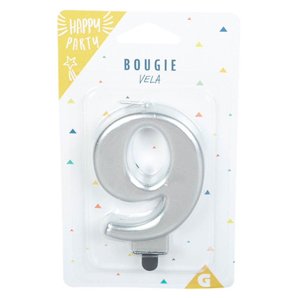 Bougie anniversaire chiffre 9 mat argenté