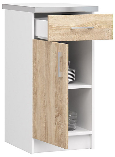 Meuble de cuisine bas AKORD S40 LIMA modulable Blanc 40 cm 1 porte 1 tiroir façade Chêne Sonoma 2 étagères 40x44,5x82 cm