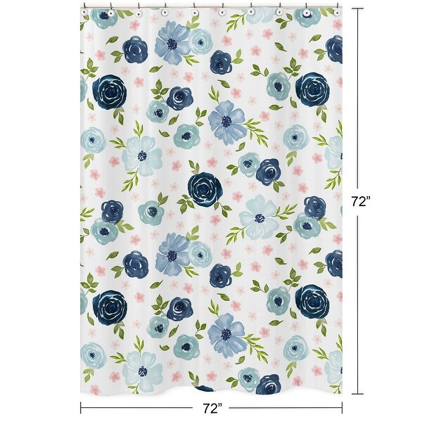 Navy Blue Pink Watercolor Floral Bathroom Fabric Bath Shower Curtain - Blush Green White Shabby Chic Flower