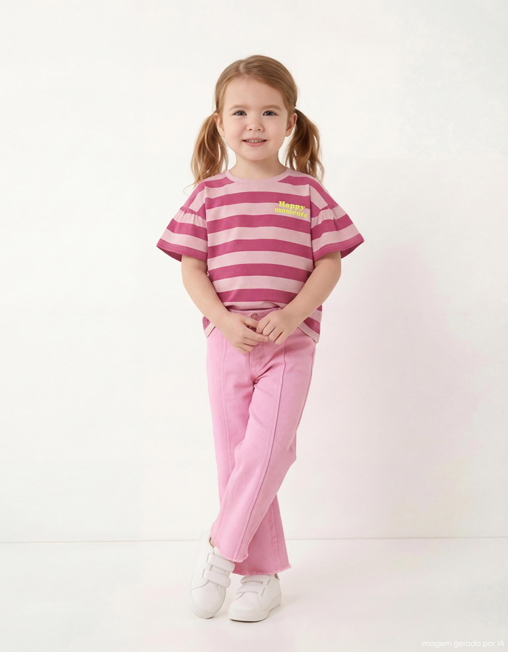 T-shirt Riscas, Menina, Rosa Escuro