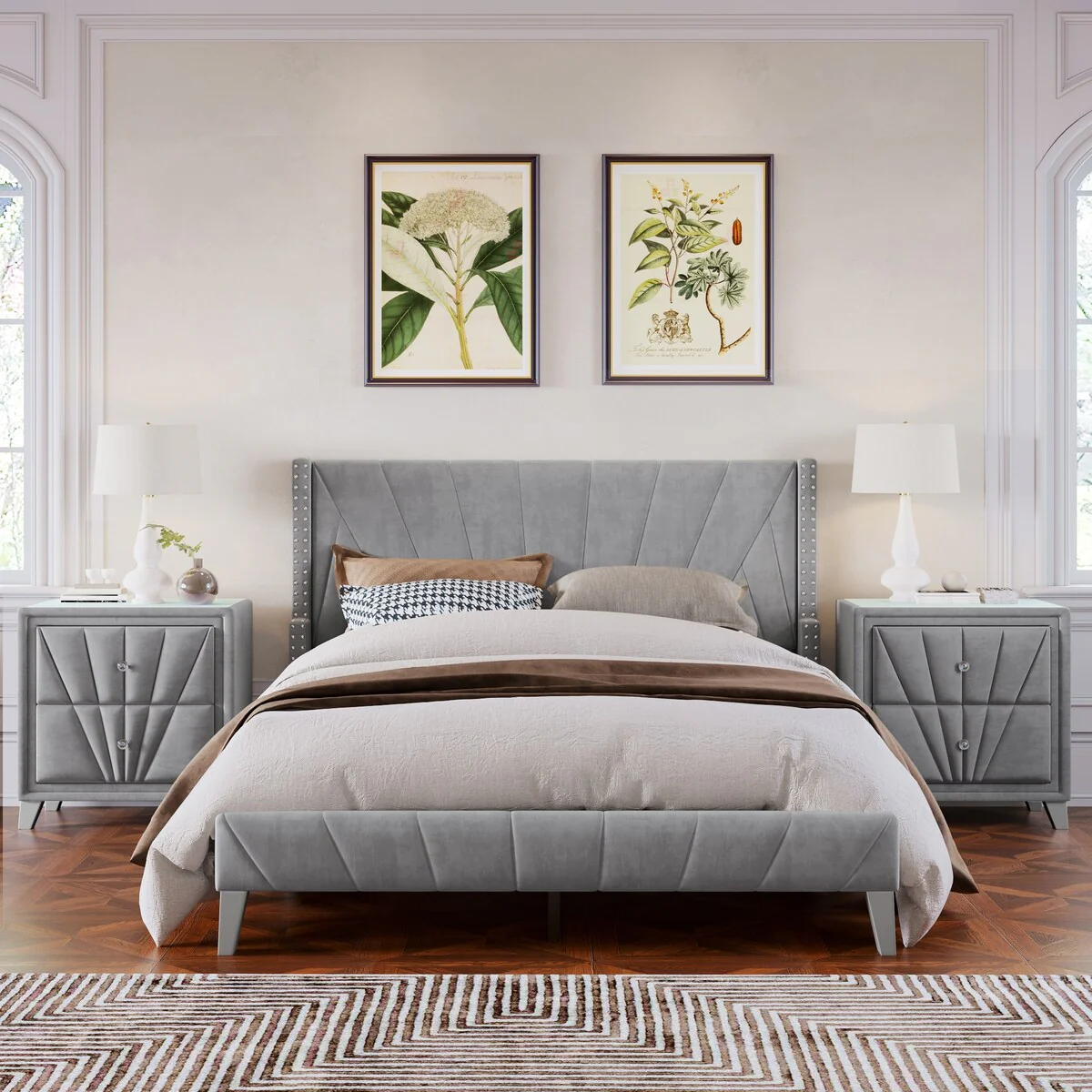 Contemporary 3 Pieces Full Bedroom Set Velvet Upholstered Bed and Two Nightstand
